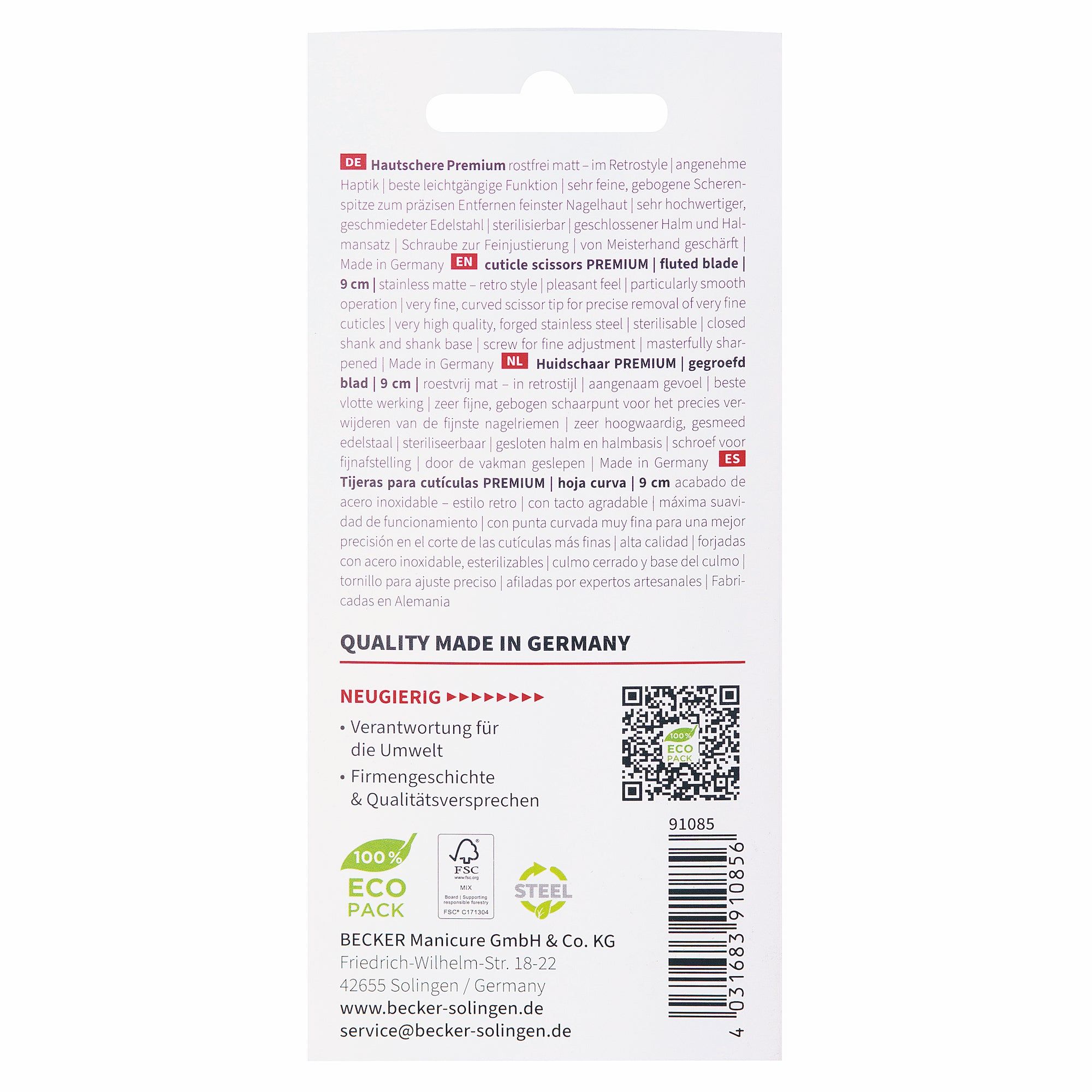 Achterkant van de verpakking met productinformatie en logo's. Tekst in meerdere talen.