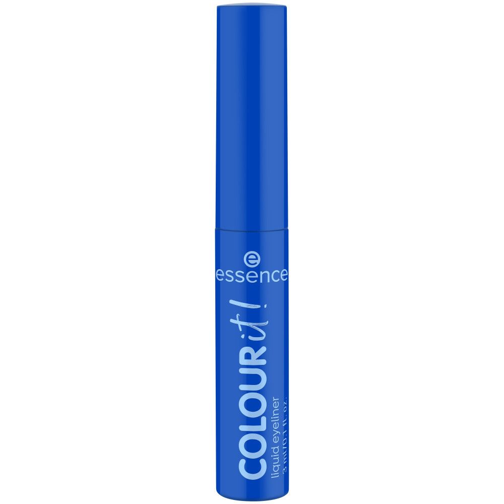 Flacon d'eyeliner bleu avec nom et marque du produit. Vue verticale.