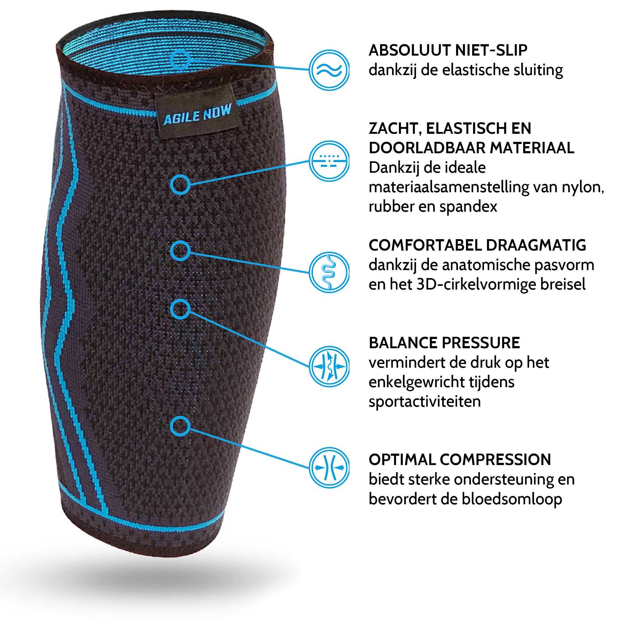 Zwarte kuitband met blauwe accenten. Anatomische pasvorm, ademend materiaal. Optimale compressie.