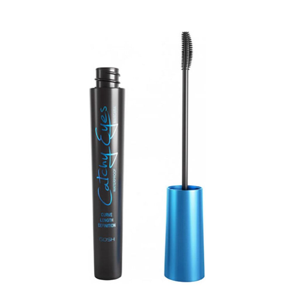 Gosh Catchy Eyes Waterproof Mascara in zwart. Zwarte applicatorstick met borsteltje en blauwe huls.