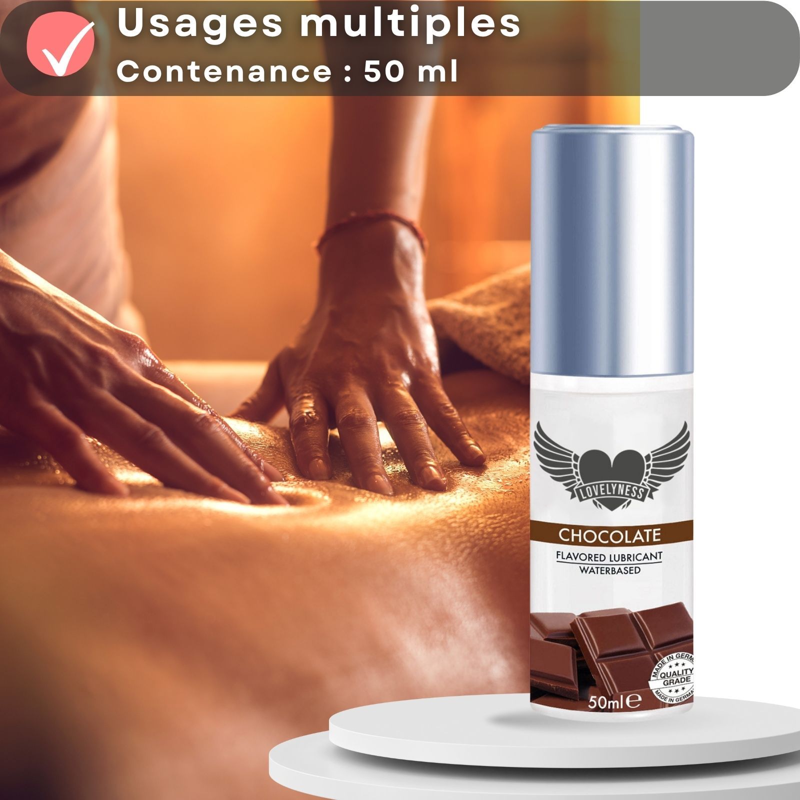 Usages multiples. Contenance : 50 ml. Flacon avec bouchon argenté. 50ml.