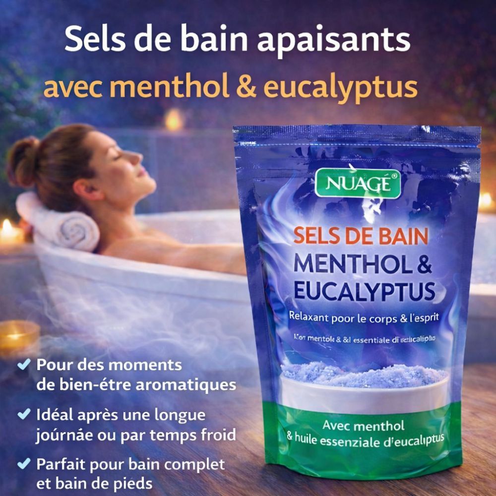 Emballage du produit Nuagé Sels de bain Menthol & Eucalyptus. Femme dans une baignoire. Emballage bleu avec nom du produit et ingrédients.