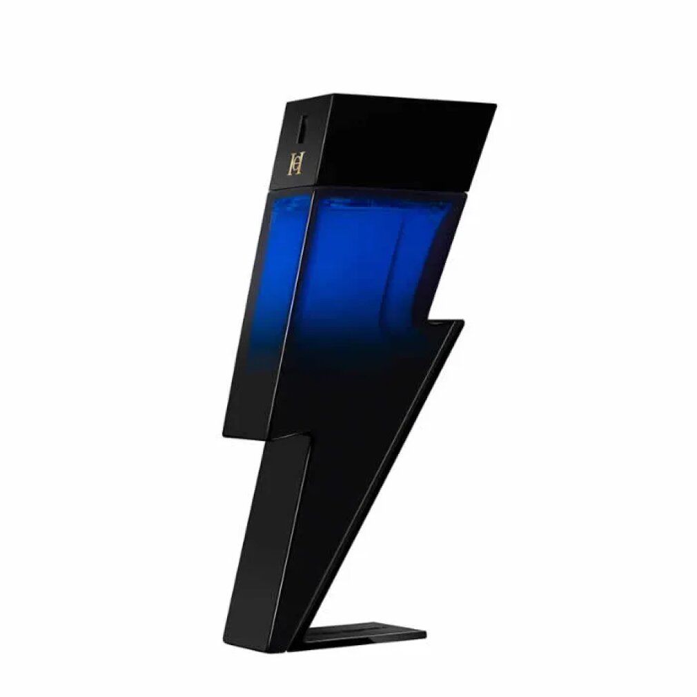 Flacon noir en forme d'éclair. Liquide bleu visible. Bouchon noir. Repose sur une petite base.