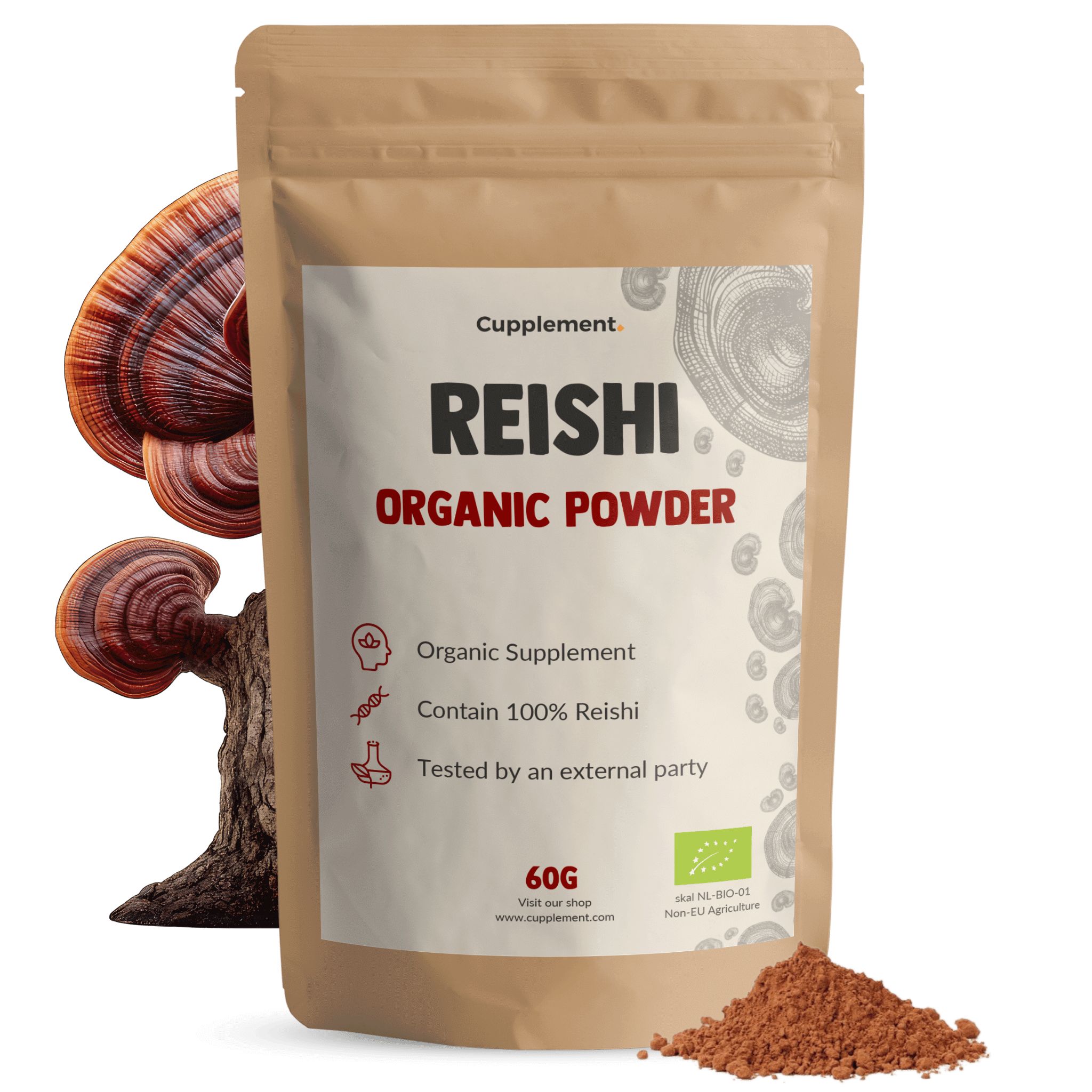 Zakje Cupplement® Reishi poeder. Bruine verpakking, tekst: Reishi Organic Powder. 60g. EU-bio-keurmerk.