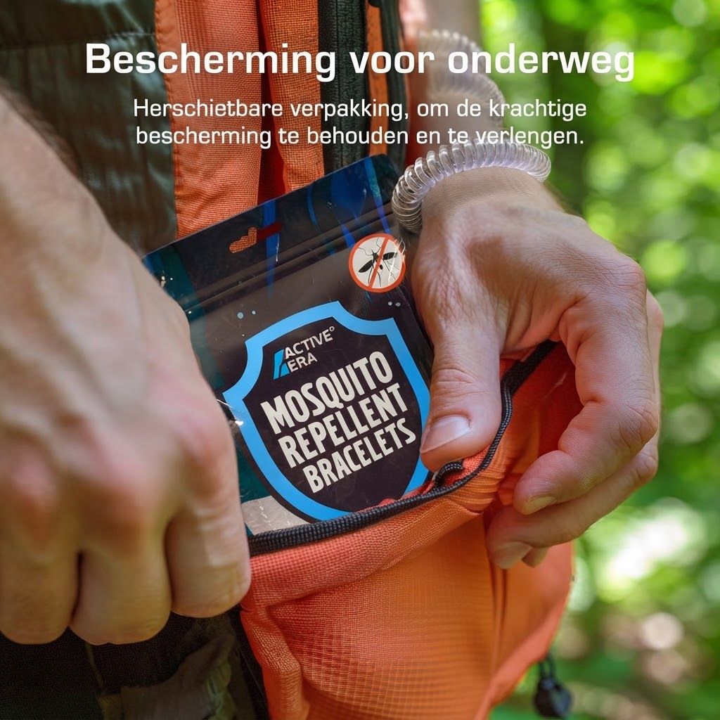 Verpakking "Active Era Mosquito Repellent Bracelets" met muggensymbool.