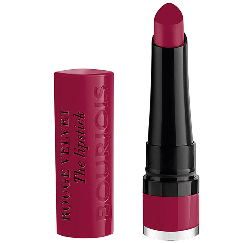 Rouge à lèvres avec capuchon ouvert. Bâton noir, pointe magenta. Inscription: Rouge Velvet The lipstick, Bourjois.