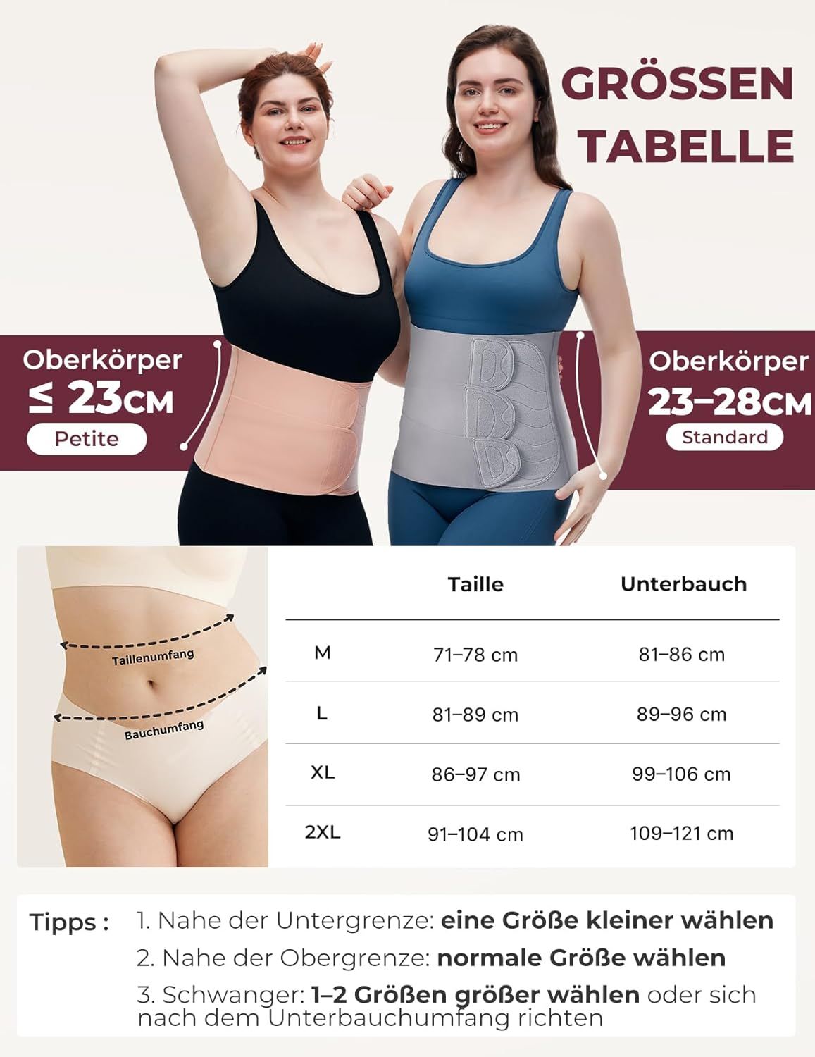 Maattabel voor buikbanden: Petite en Standaard met afmetingen.