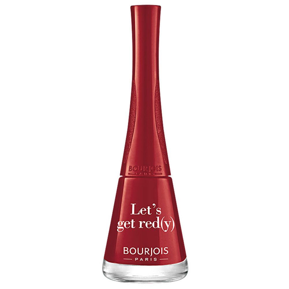 Vernis à ongles rouge Bourjois. Inscription 'Let's get red(y)'. Flacon à long bouchon.