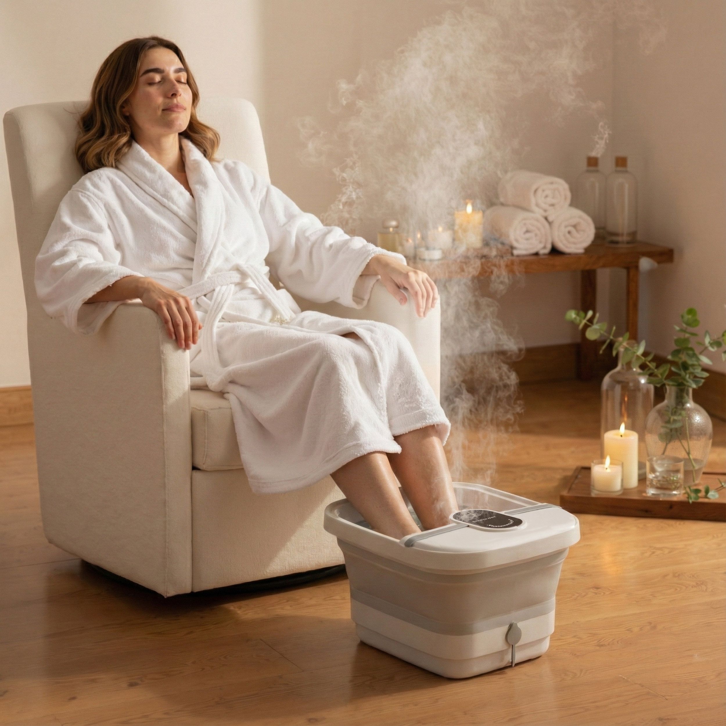 Bain de pieds avec massage et chaleur. Personne en peignoir assise dans un fauteuil. Pieds dans le bain de pieds. Vapeur. Bougies et serviettes en arrière-plan.