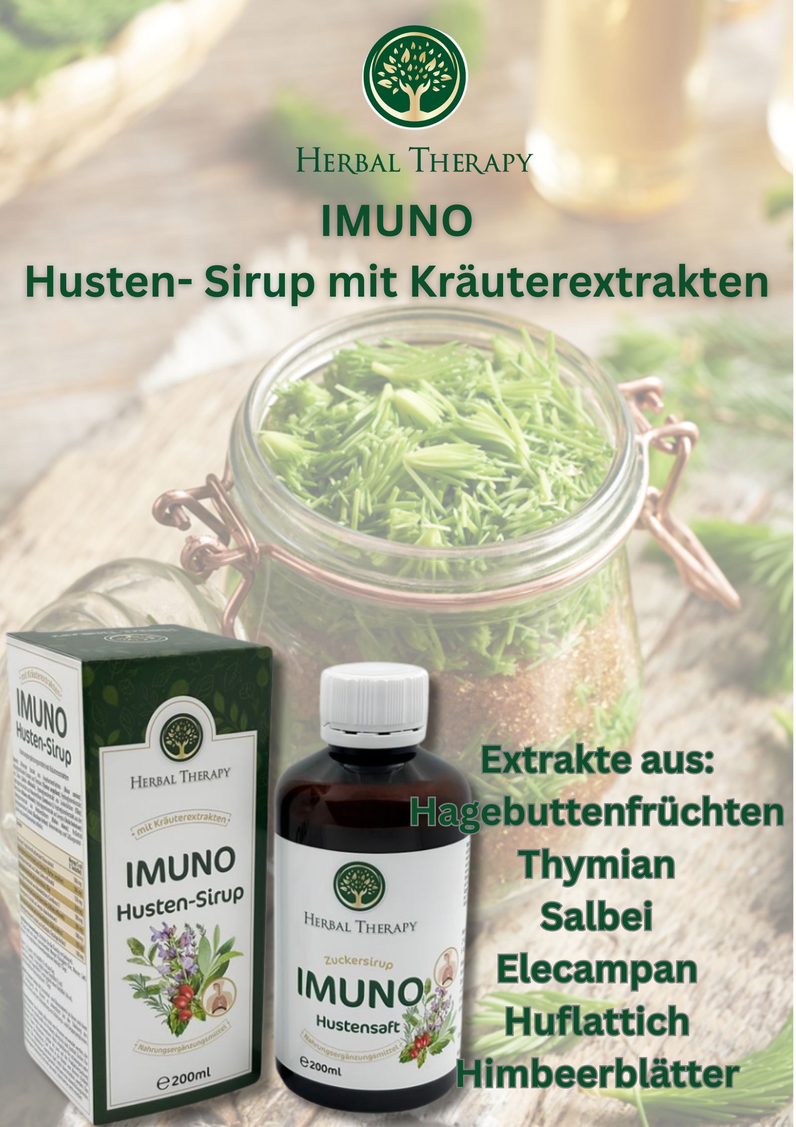 Reclamebeeld met fles en doos hoestsiroop. Opschrift: IMUNO Husten-Sirup. Kruidenextracten: rozenbottel, tijm, salie, alant, hoefblad, framboos.