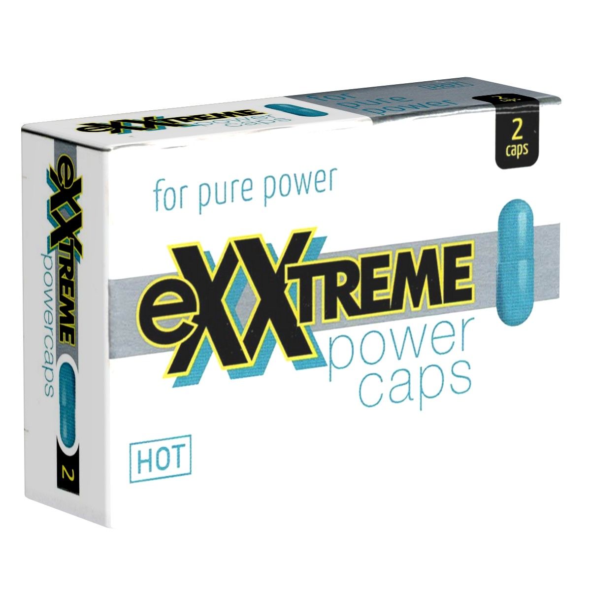 Emballage avec deux gélules bleues, inscription "eXXtreme power caps".