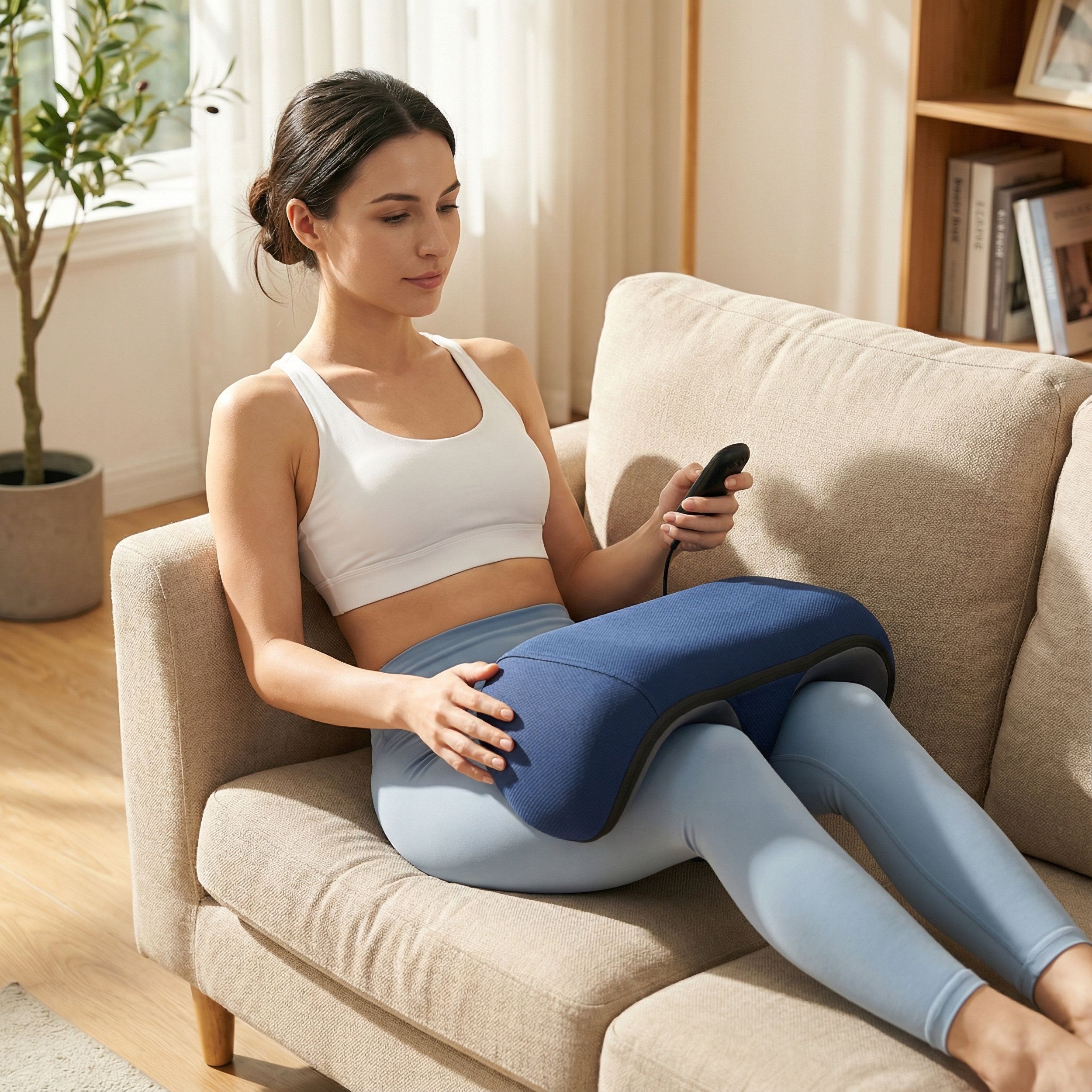 Vrouw zit op een bank en gebruikt een blauw beenmassagekussen. Ze houdt een afstandsbediening vast.