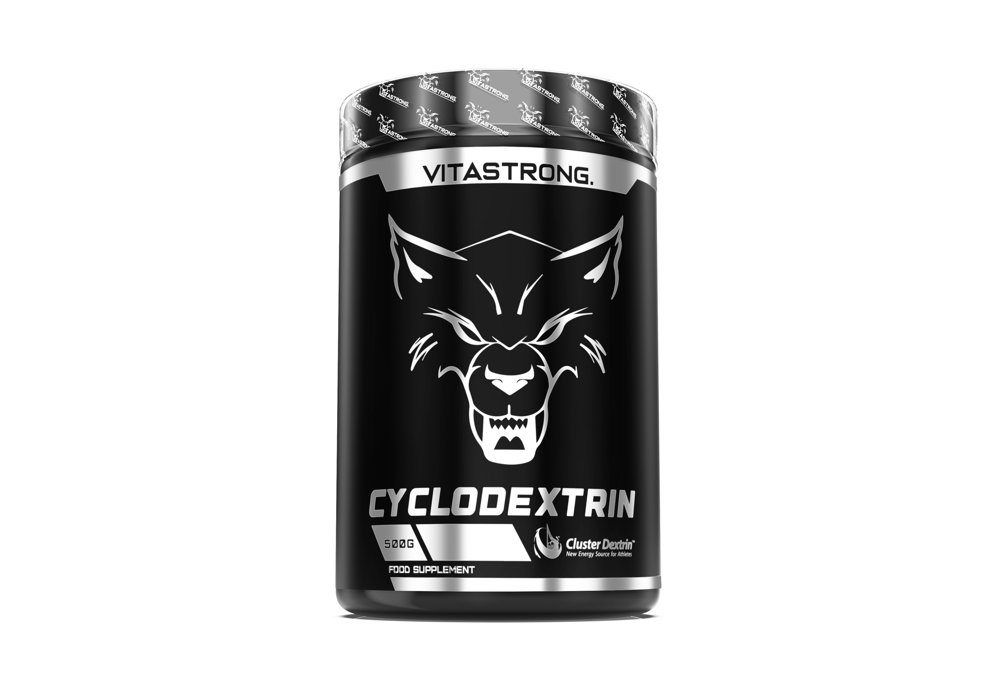 Zwarte pot met zilveren deksel, wolfskop logo, tekst: CYCLODEXTRIN, Cluster Dextrin, voedingssupplement, Vitastrong.
