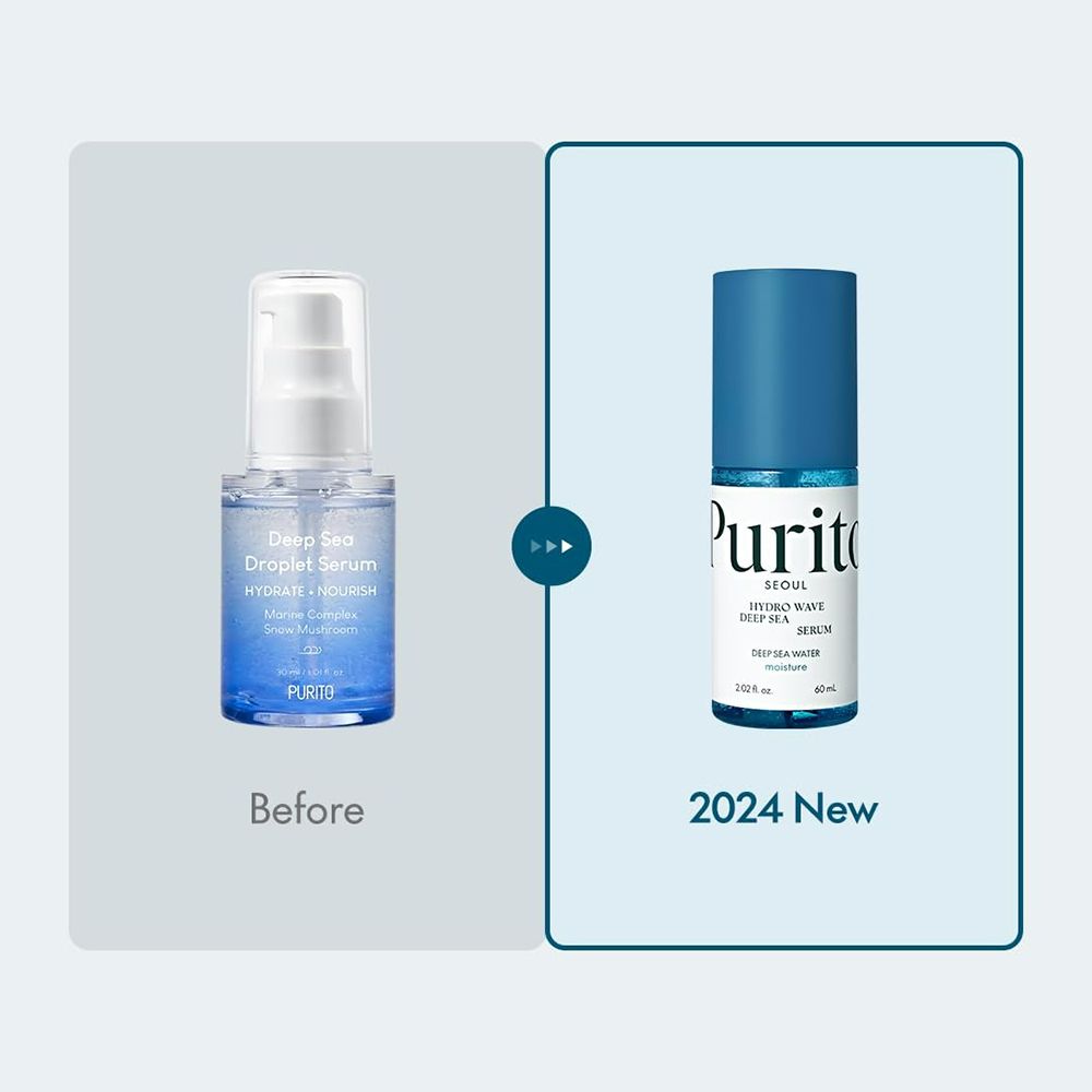 Vergelijking van twee flessen. Links: druppels serum. Rechts: fles met blauwe dop. Tekst: 2024 Nieuw.