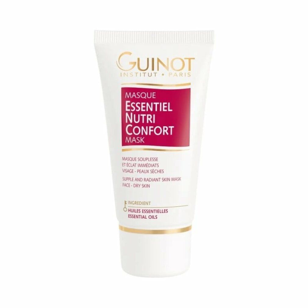 Tube blanc avec étiquette rouge. Texte: Guinot, Masque Essentiel Nutri Confort, Masque souplesse et éclat, Peaux sèches, Dry Skin. Détails dorés.