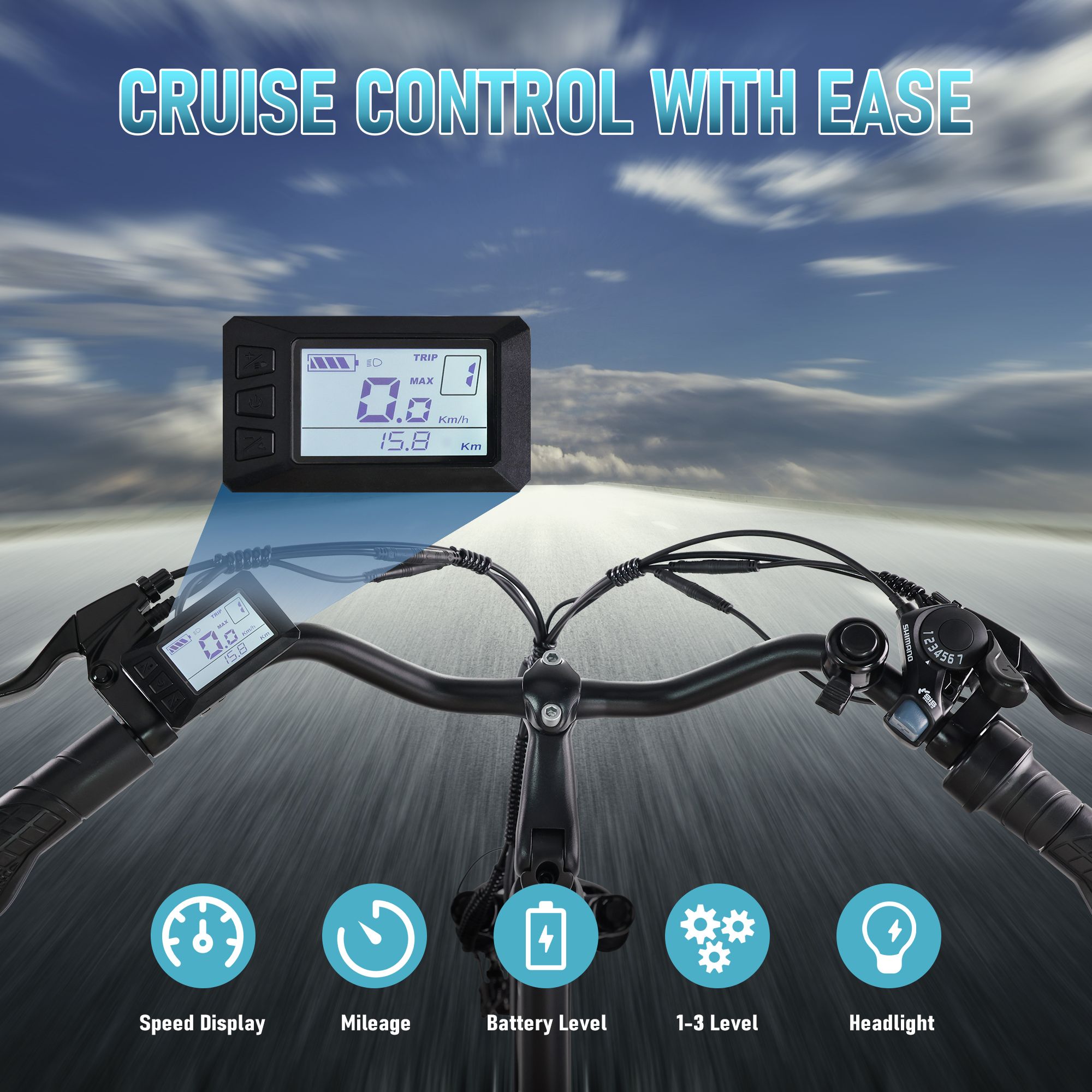 Fietsstuur met display. Toont snelheid, kilometerstand, batterijniveau, 1-3 niveaus en koplampen. Blauwe lucht op de achtergrond.