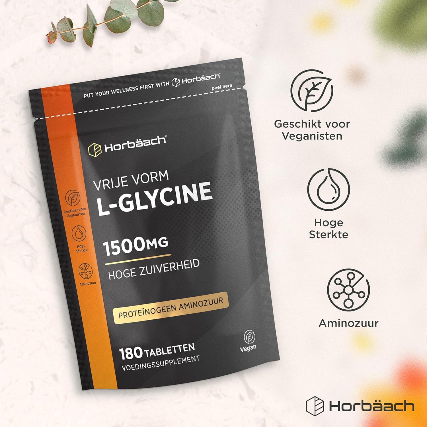 Horbäach L-Glycine 1500mg, 180 tabletten. Hoge zuiverheid, vegan, aminozuur.