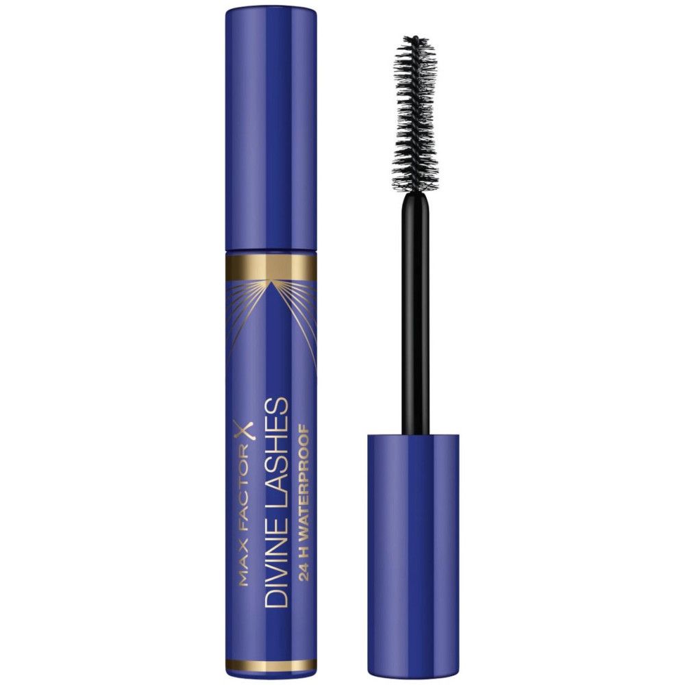 Blauwe mascara tube met gouden accenten en zwarte borstel. Tekst: Max Factor Divine Lashes 24 H Waterproof.