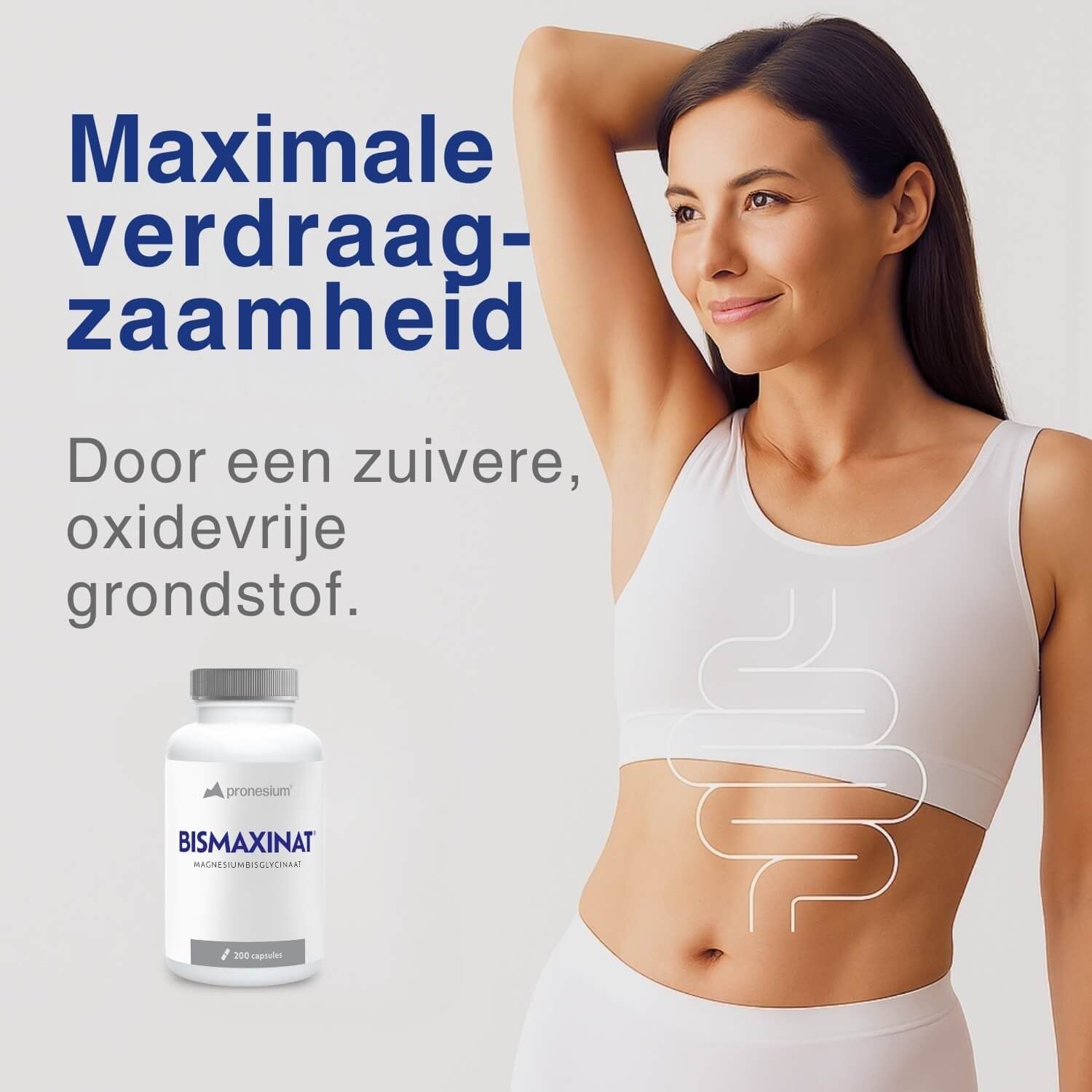 Vrouw in witte top. Fles met BISMAXINAT. Schets van het spijsverteringsstelsel.