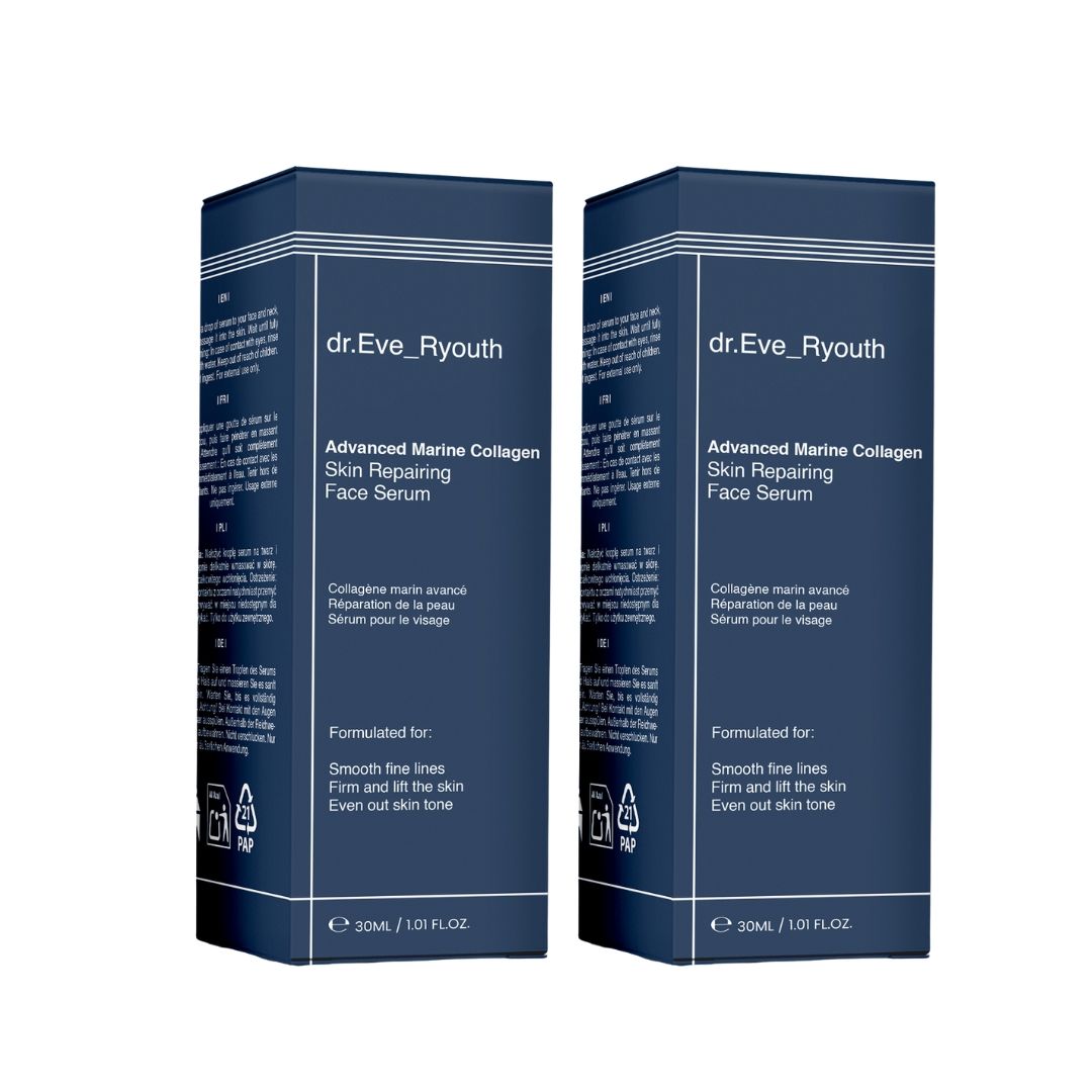 Deux boîtes de sérum. Inscription: dr.Eve_Ryouth, Advanced Marine Collagen Skin Repairing Face Serum. Emballage bleu.