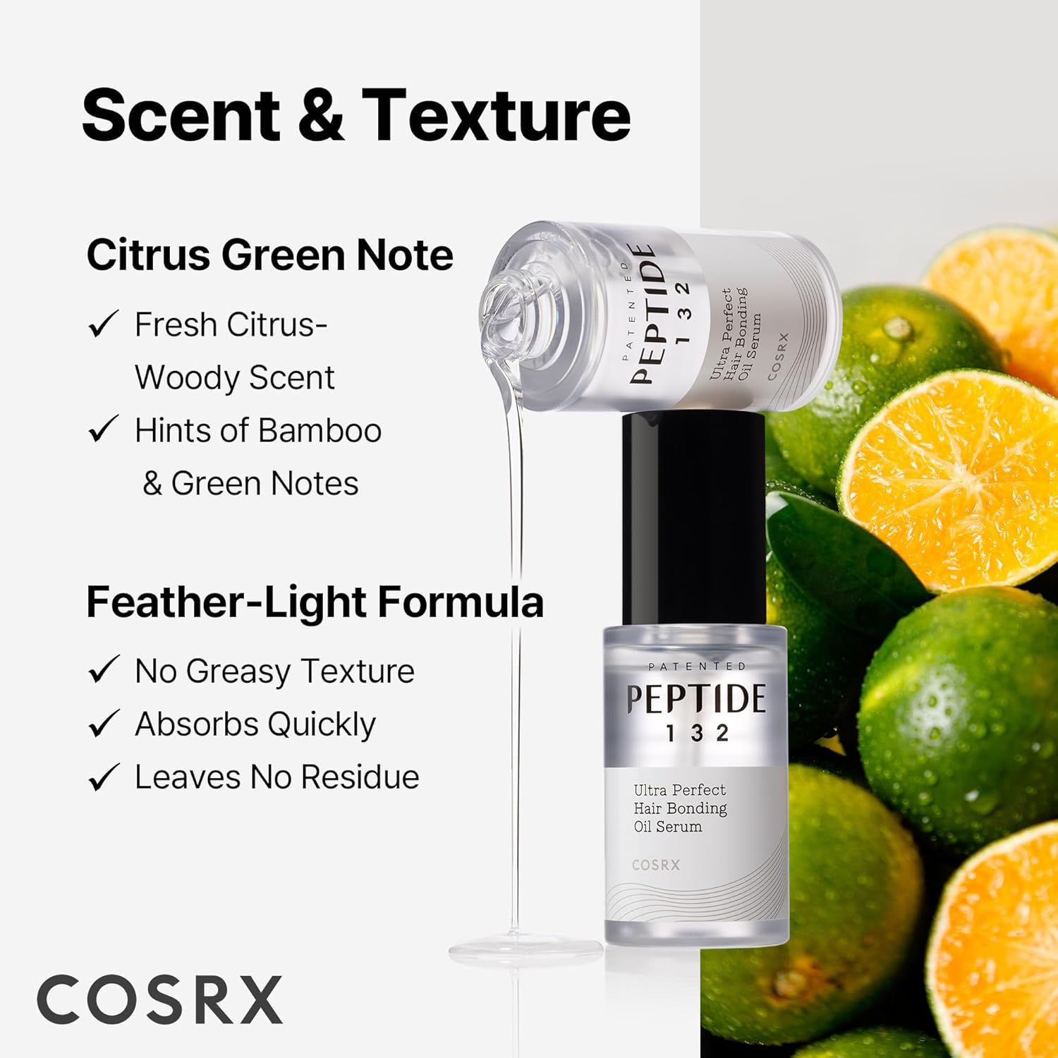 Sérum COSRX Peptide 132 avec agrumes, description du parfum et de la texture.