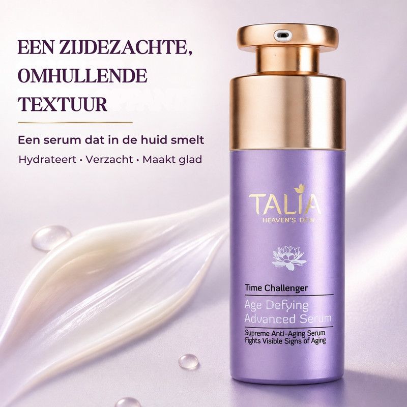 Paarse pompfles met gouden dop. Bevat Talia Age Defying Advanced Serum.
