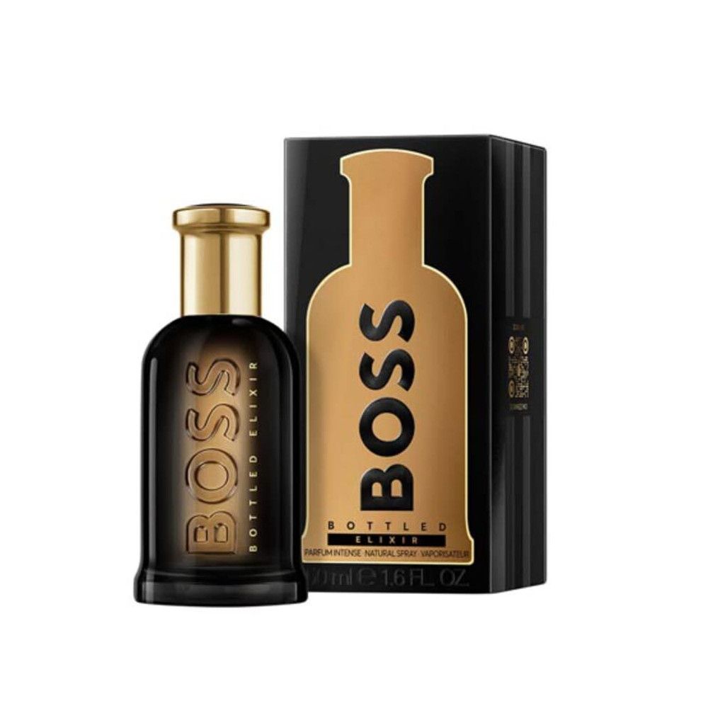 Flacon noir avec bouchon doré et lettrage. À côté, une boîte noire avec une silhouette de flacon dorée.