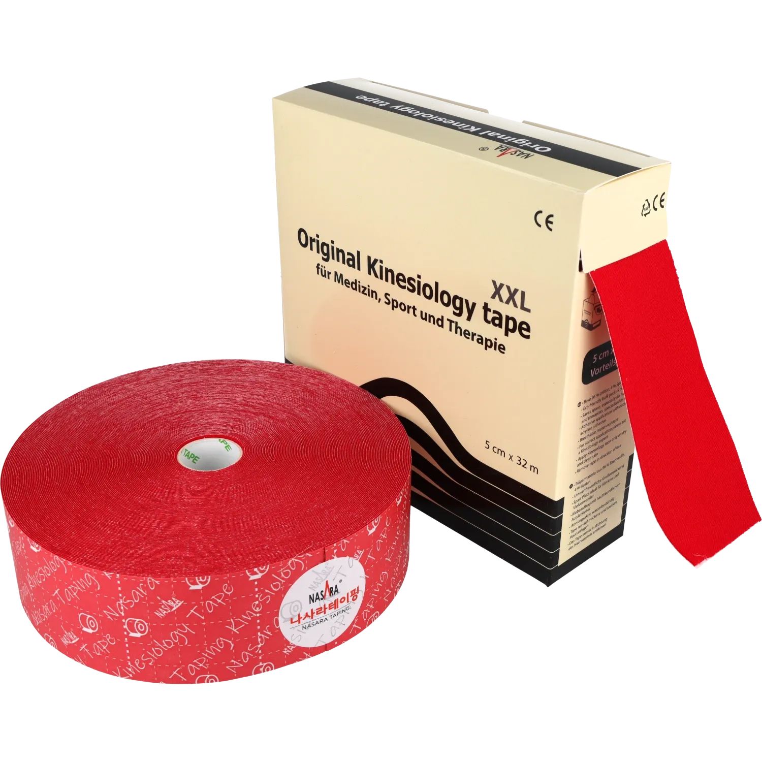 Rode Kinesiologie Tape XXL, 5 cm x 32 m, opgerold en in verpakking.