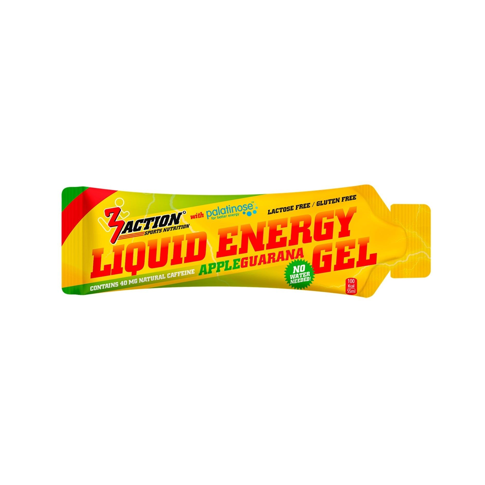 Sachet de gel jaune, rouge et vert. Inscription: Liquid Energy Gel, pomme. Contient de la caféine et du guarana. Sans lactose ni gluten.