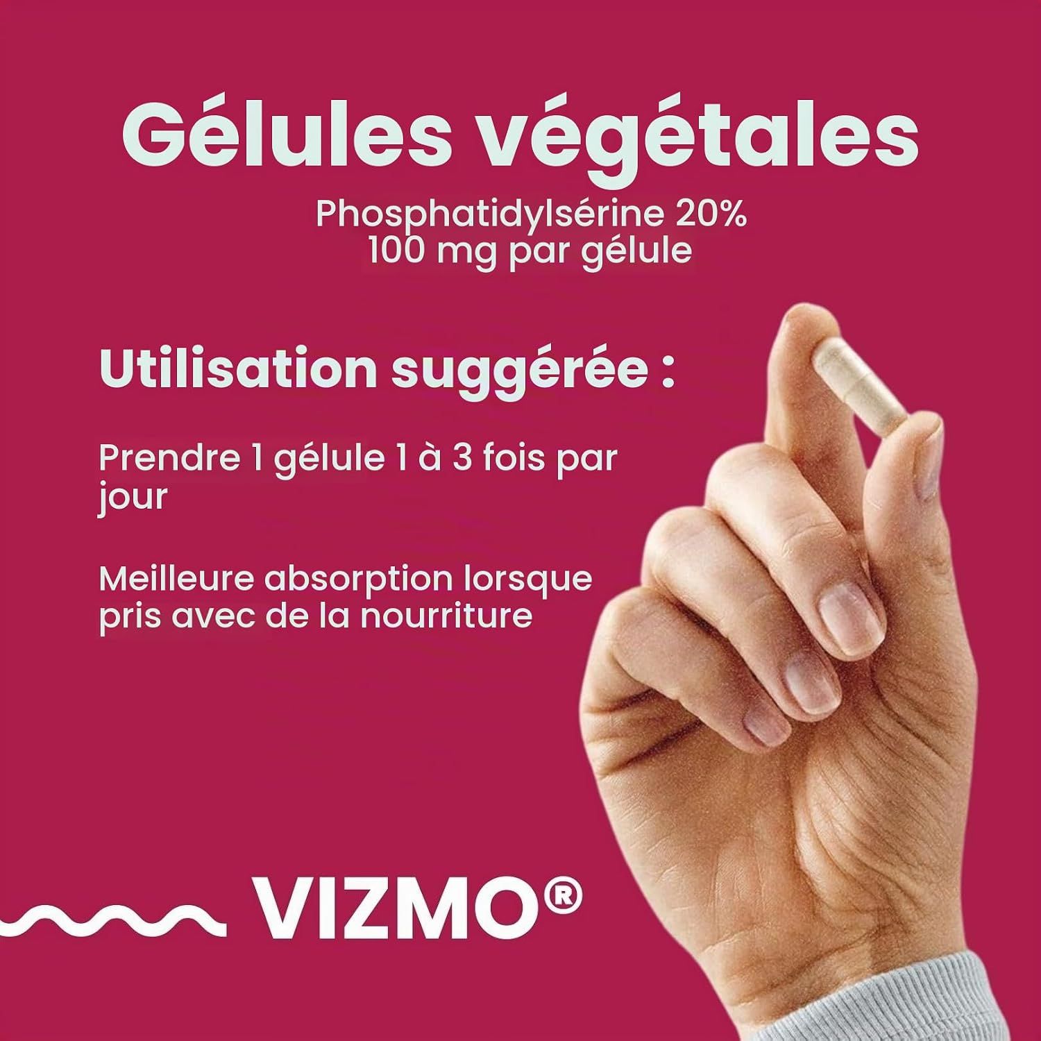 Une main tient une gélule végétale de phosphatidylserine 20%, 100 mg par gélule. Logo VIZMO®.