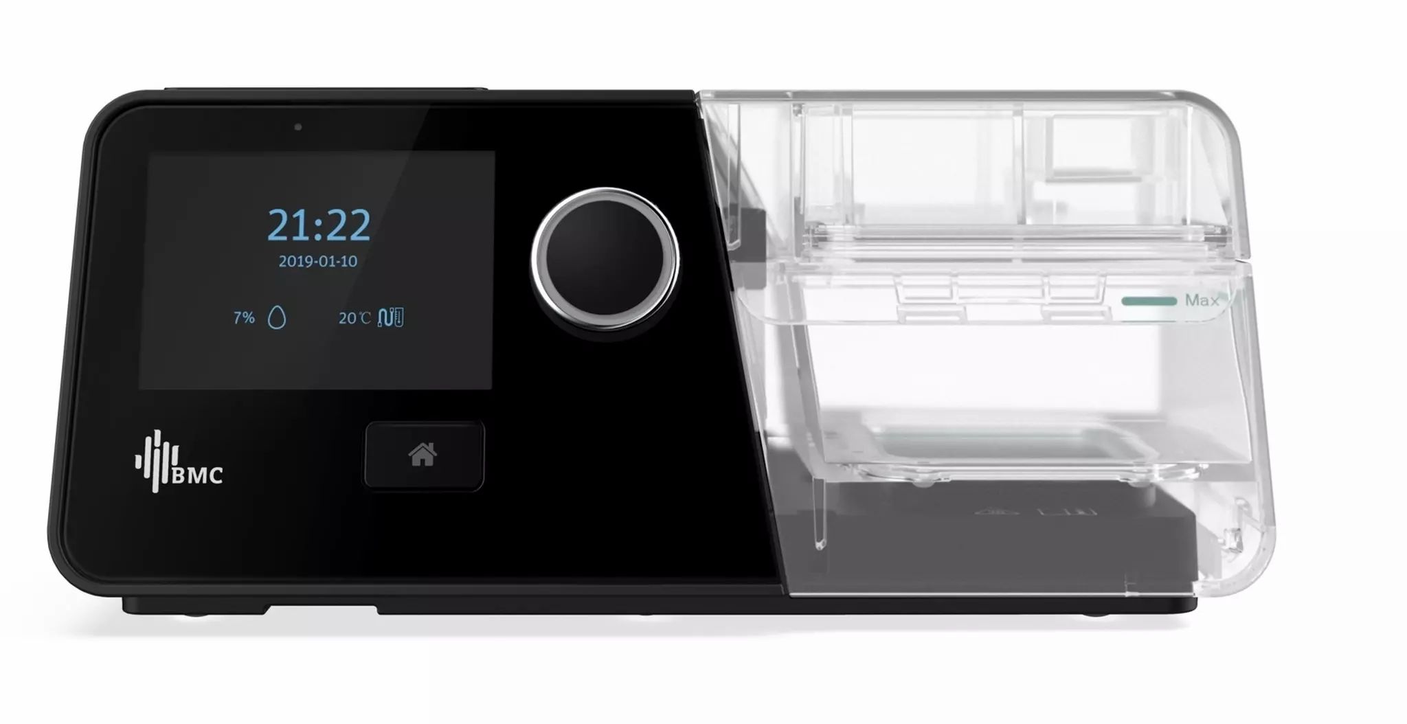 Zwart BMC G3 A20 Auto-CPAP-apparaat met display, draaiknop en waterreservoir. Toont tijd en datum. BMC-logo.