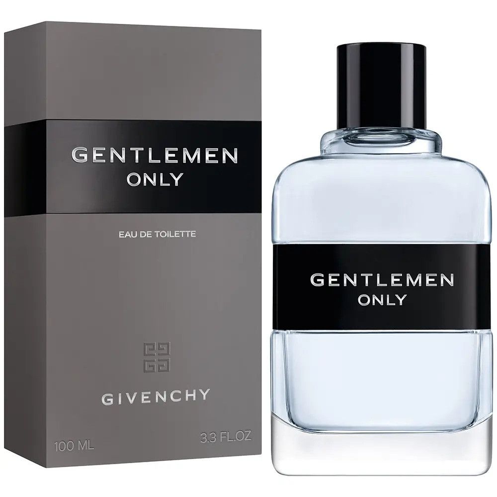 Fles en verpakking Givenchy Gentlemen Only Eau de Toilette. Zwarte band met tekst. Grijze verpakking.