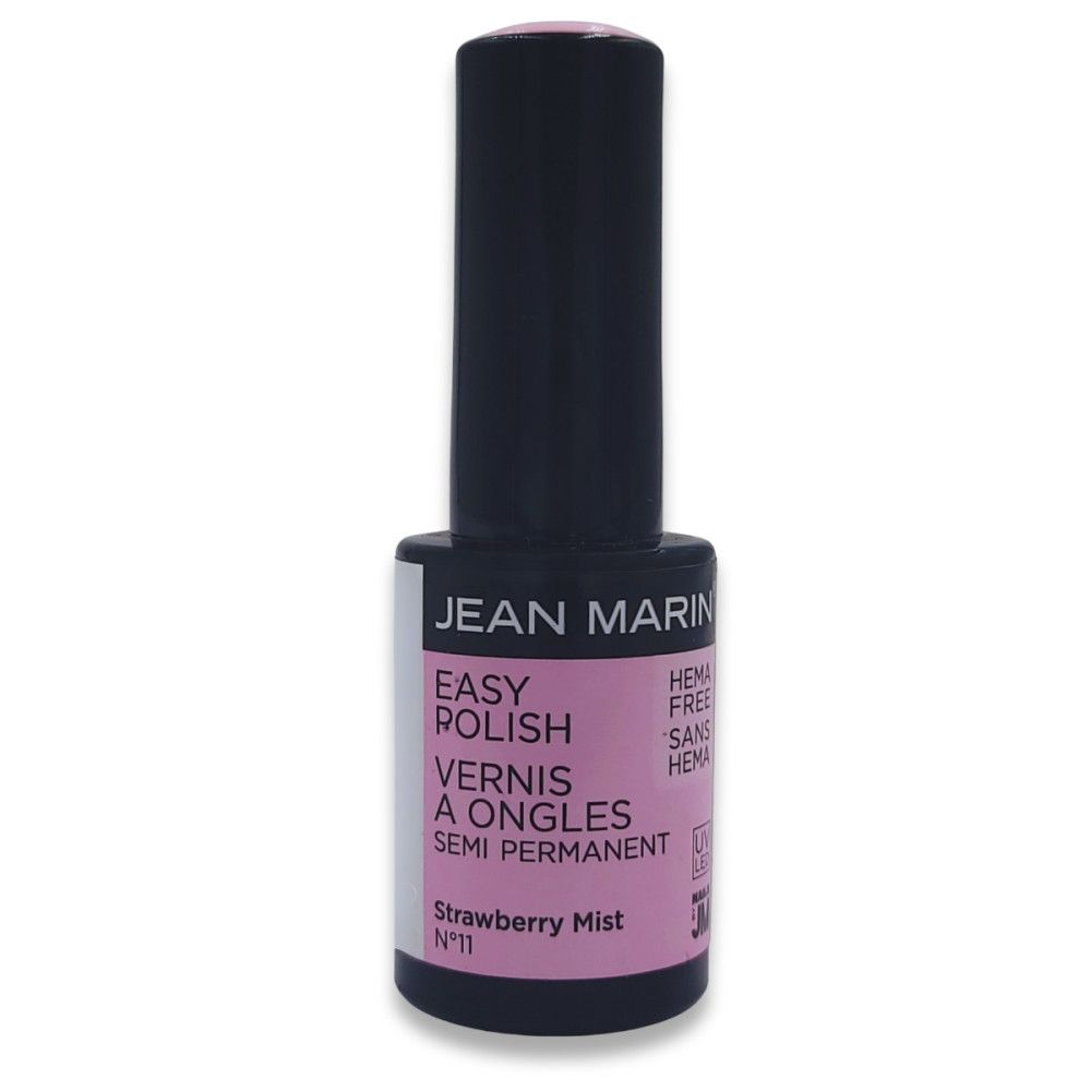 Flacon de vernis à ongles Jean Marin. Teinte rose, bouchon noir. Inscription : Easy Polish, Vernis à Ongles, Semi Permanent. Teinte : Strawberry Mist.
