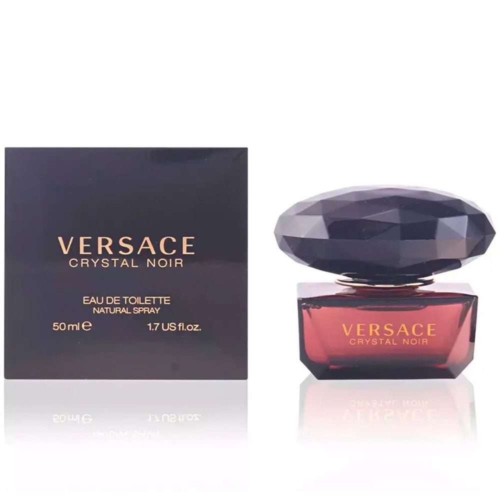 Donkerbruine fles en doos. Versace Crystal Noir op de fles. Versace Crystal Noir Eau de Toilette op de doos.