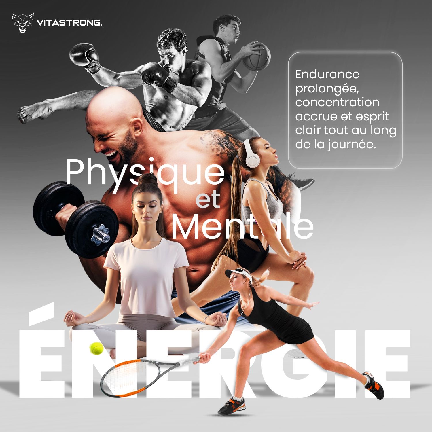 Reclamebeeld met atleten en tekst. Tekst: Fysieke en mentale energie.