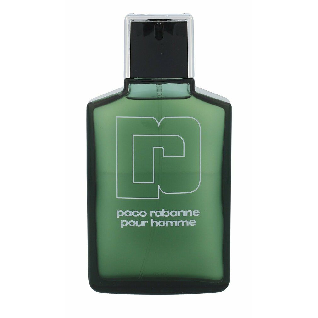 Flacon vert avec bouchon noir, logo et texte blancs. Le flacon porte l'inscription "paco rabanne pour homme".