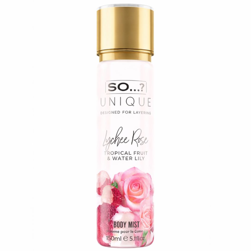 Body mist spray met gouden dop. Opschrift: So...? Unique, Lychee Rose. Tropische vruchten en waterlelie.