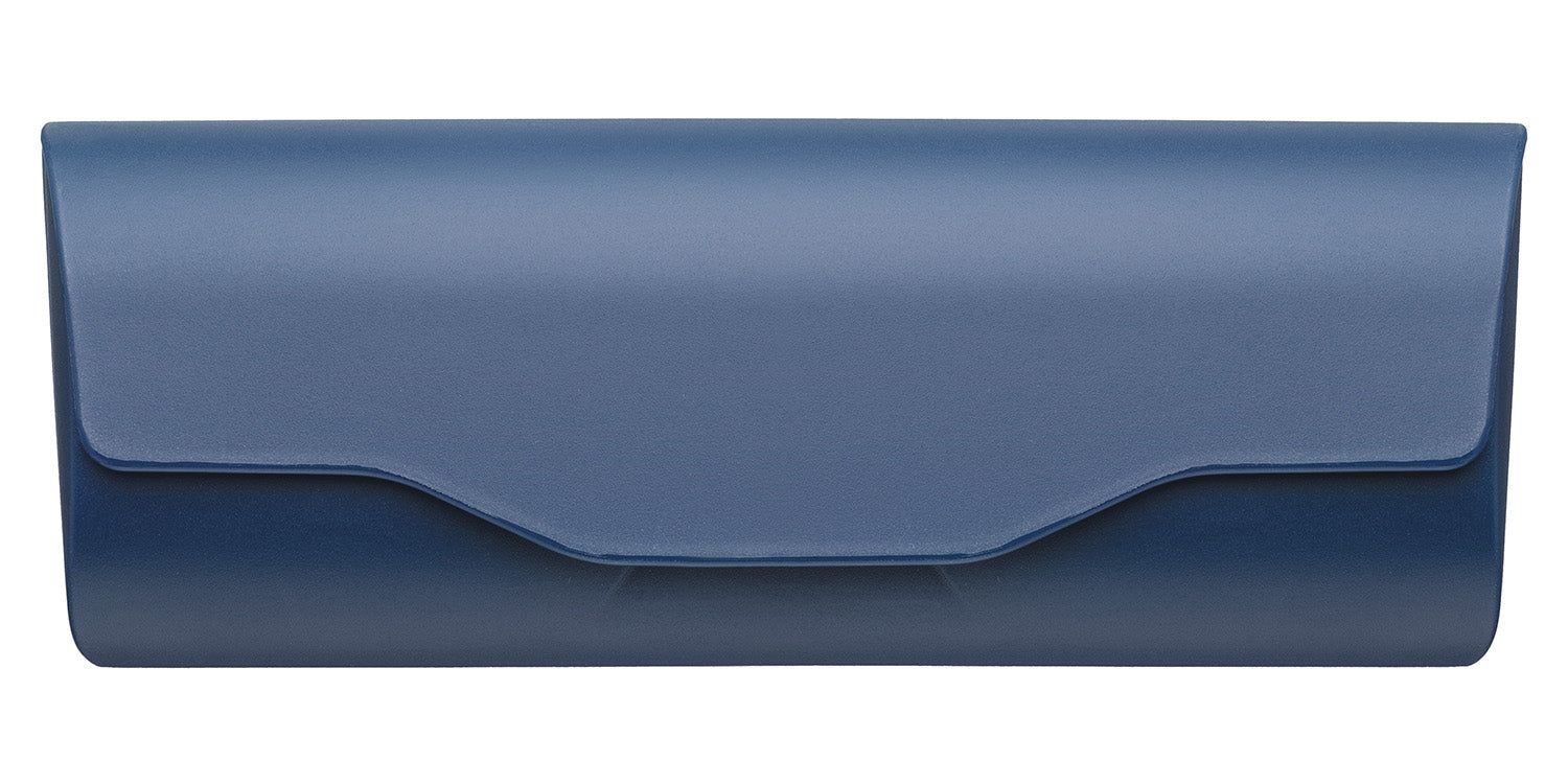 Étui bleu en plastique, rectangulaire avec bord arrondi. Couvercle avec encoche incurvée.