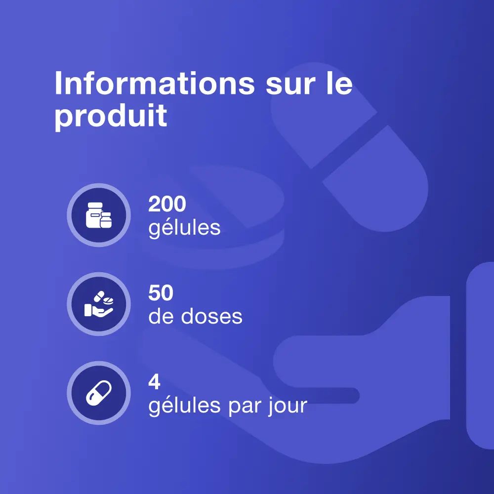 Informations sur le produit: 200 gélules, 50 doses, 4 gélules par jour.