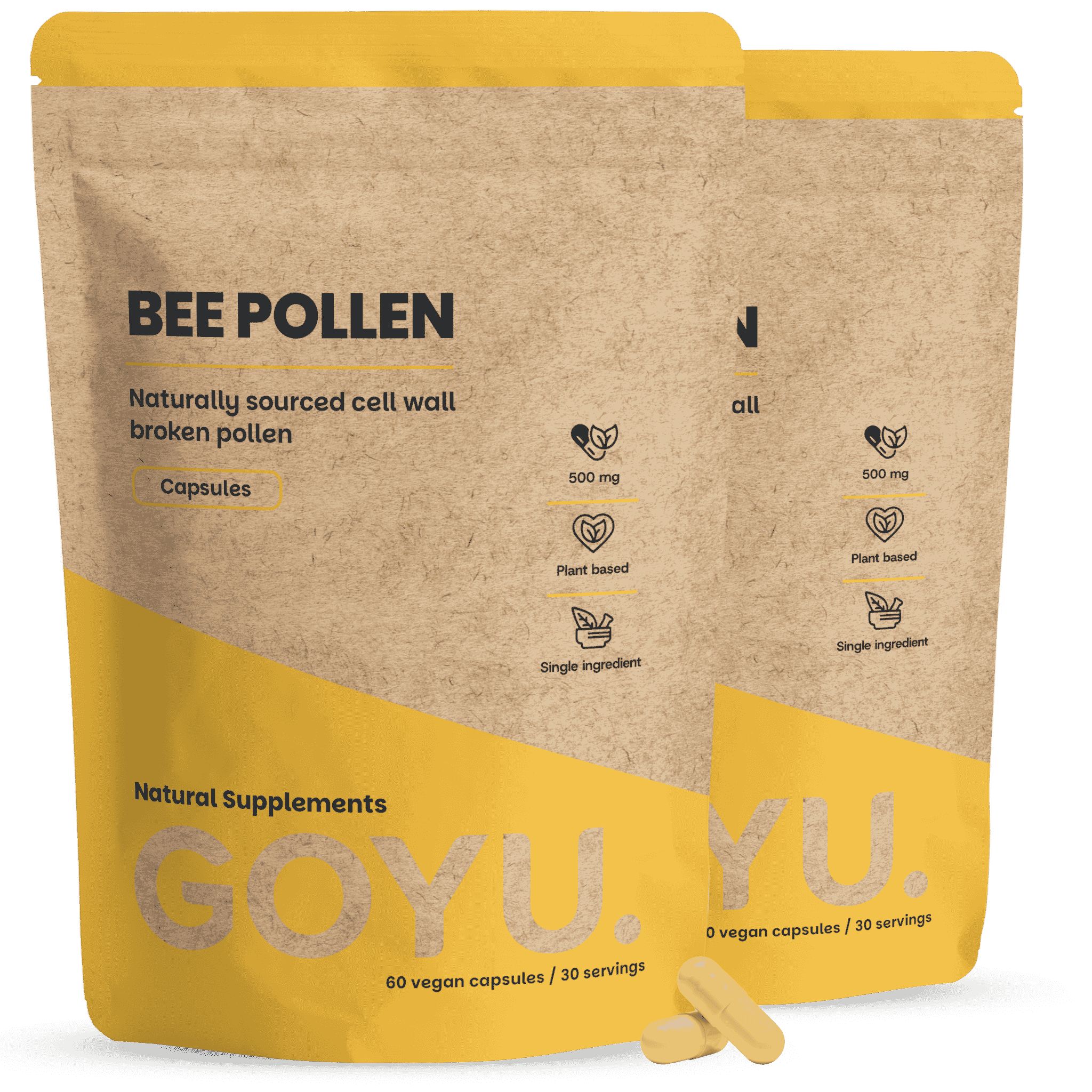 Twee verpakkingen GOYU. Bee Pollen capsules. Bruine zakken met geel design. Bevat 60 vegan capsules.