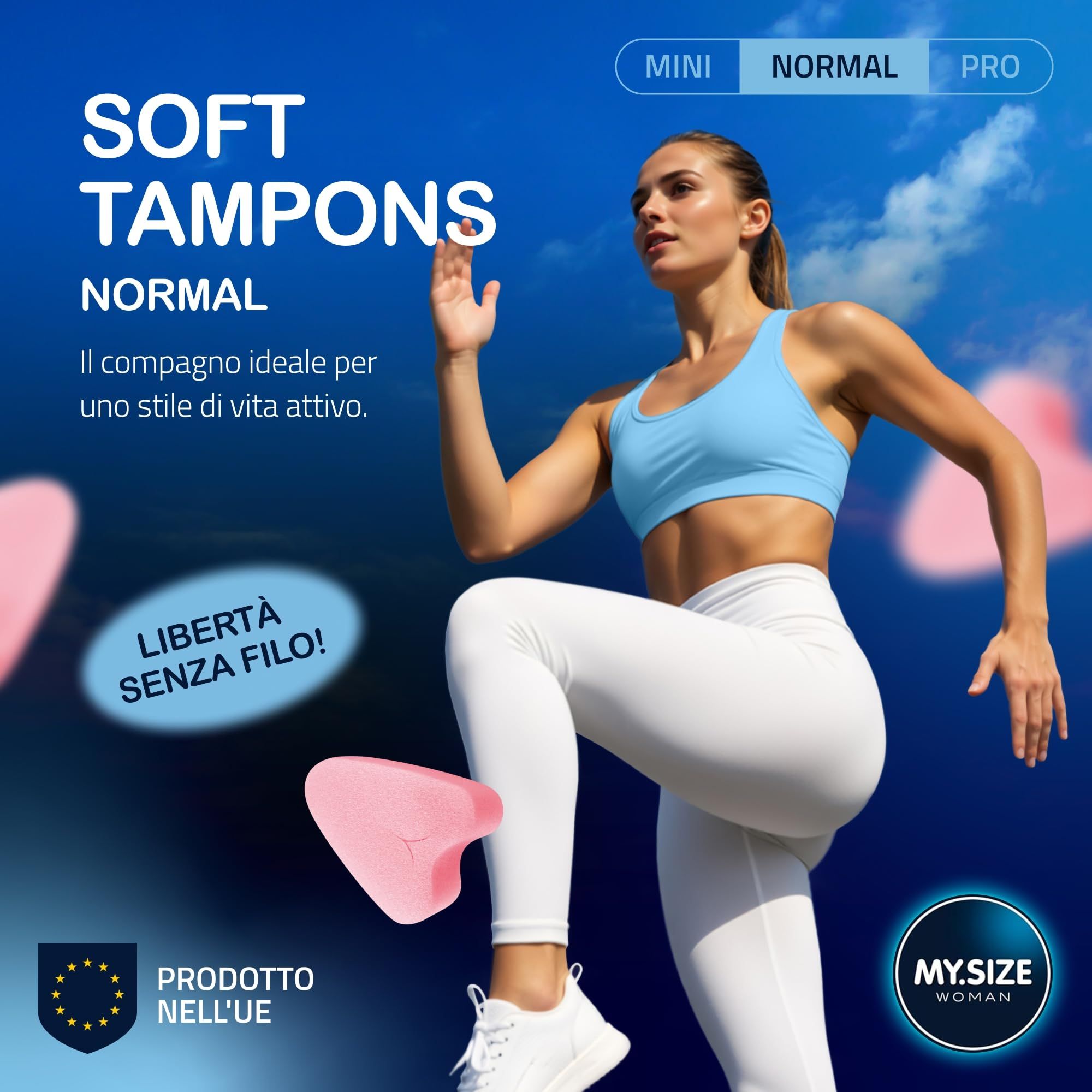Femme faisant du sport, MY.SIZE Woman Soft Tampons Normal. Forme de tampon rose. Produit UE.