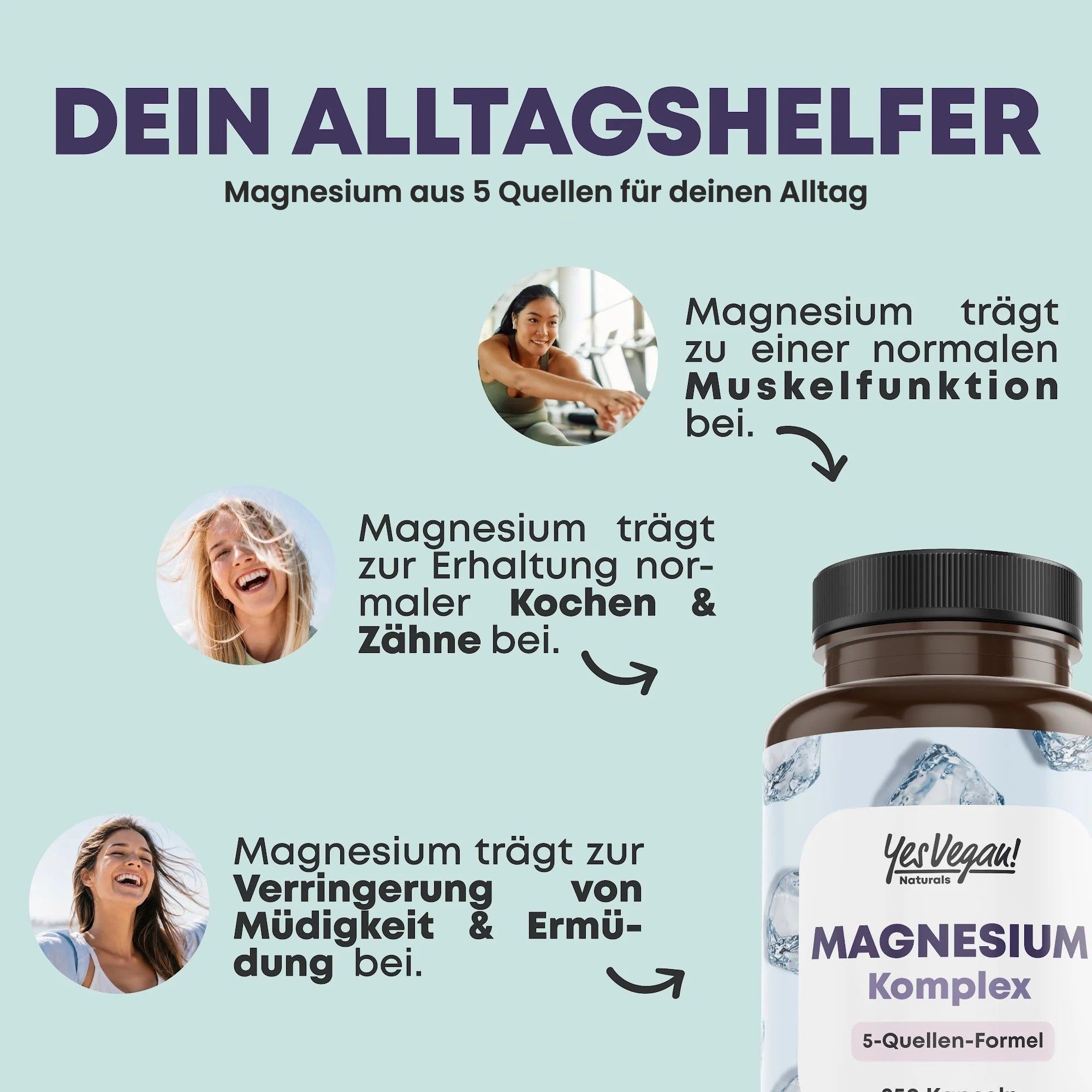 Bouteille de 250 gélules Magnesium Komplex de Yes Vegan! Formule 5 sources.