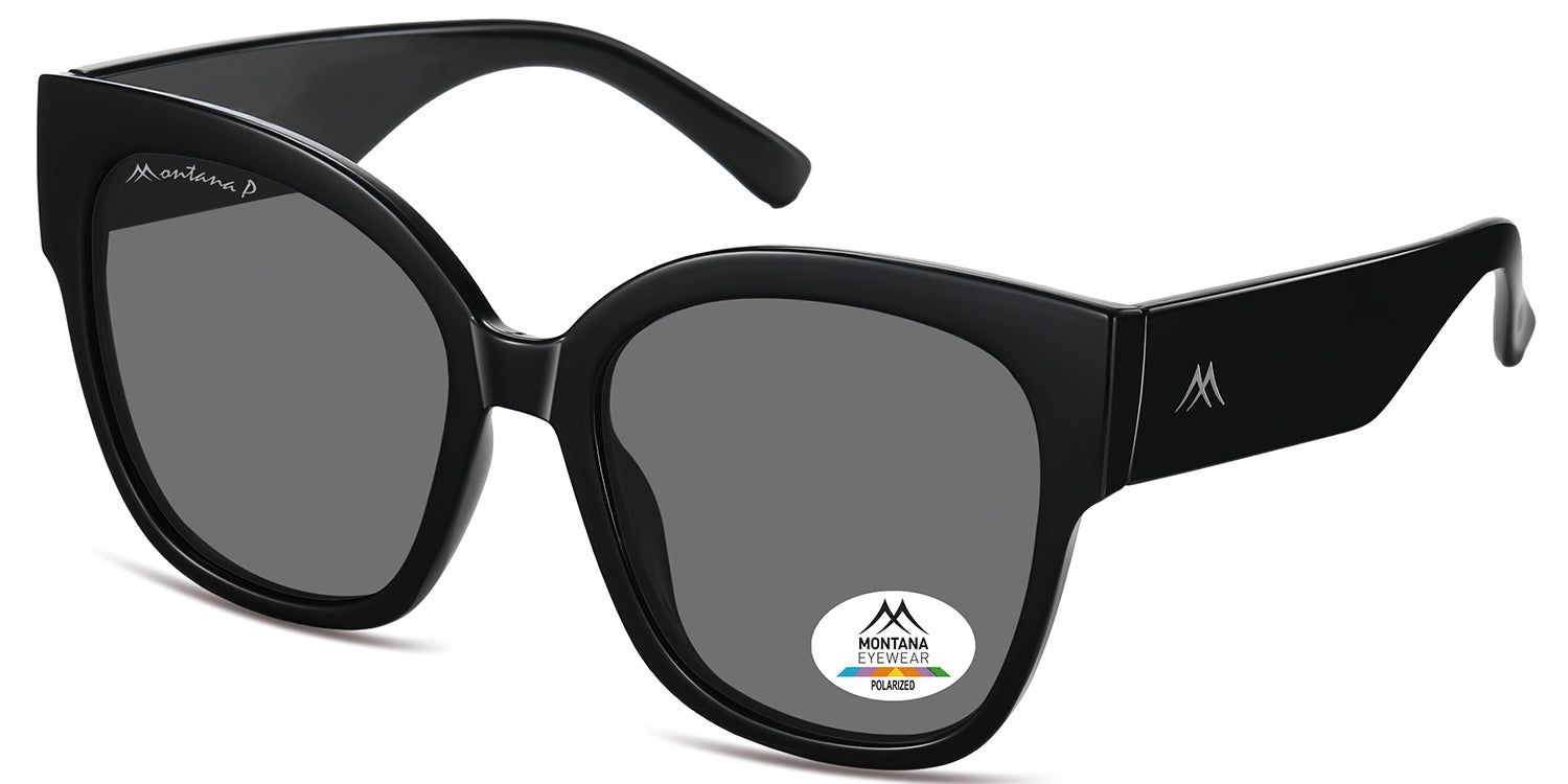 Zwarte zonnebril, zijaanzicht. Montana Eyewear logo op de poot en het glas. Gepolariseerde glazen.