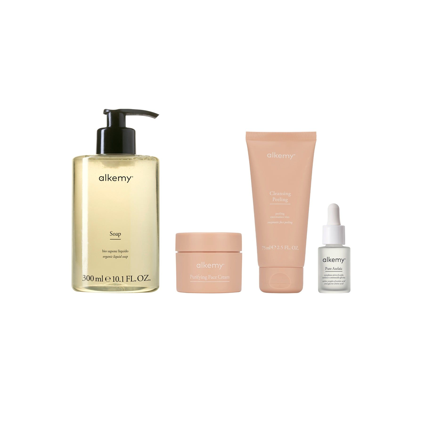 Quatre produits de soins de la peau Alkemy : savon, crème pour le visage, masque facial et sérum pour les yeux.