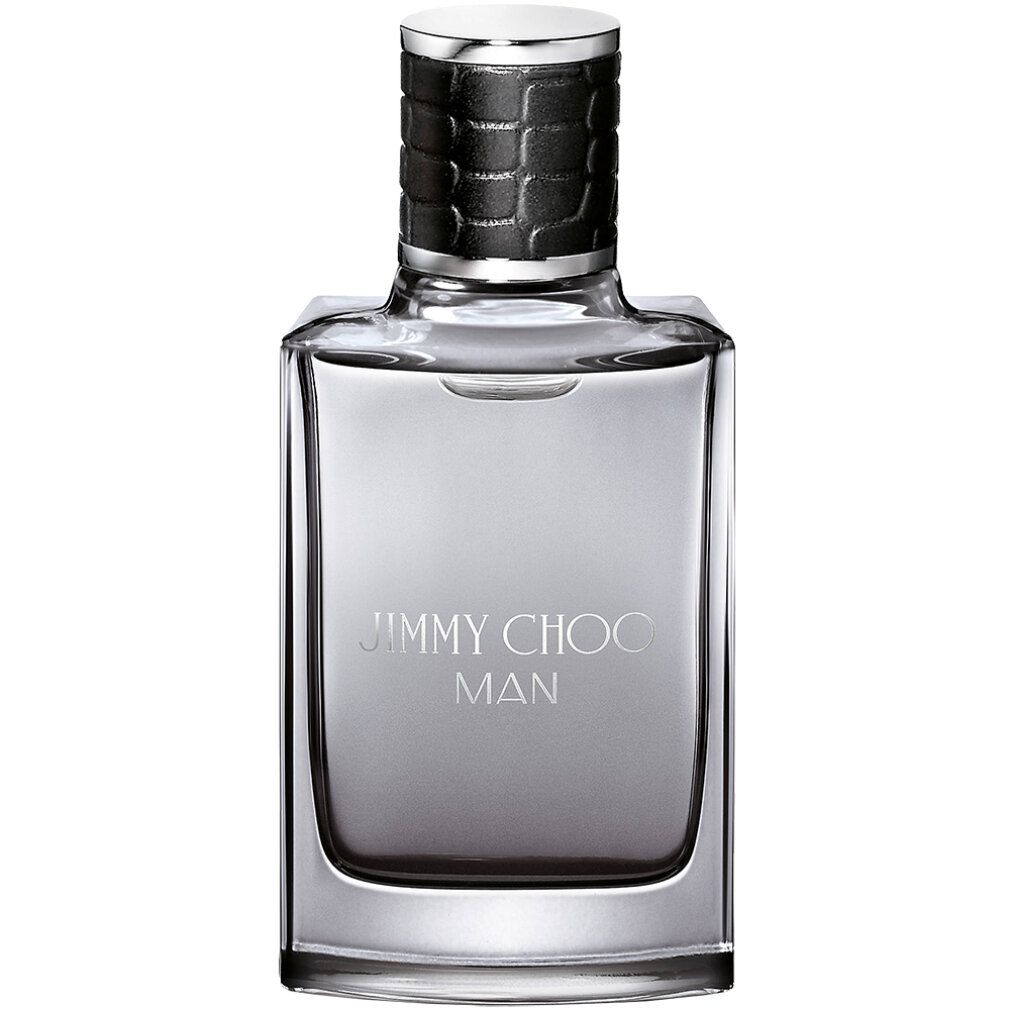 Jimmy Choo Man Eau de Toilette 30 ml. Grijze fles met zwarte dop. Tekst op de fles.