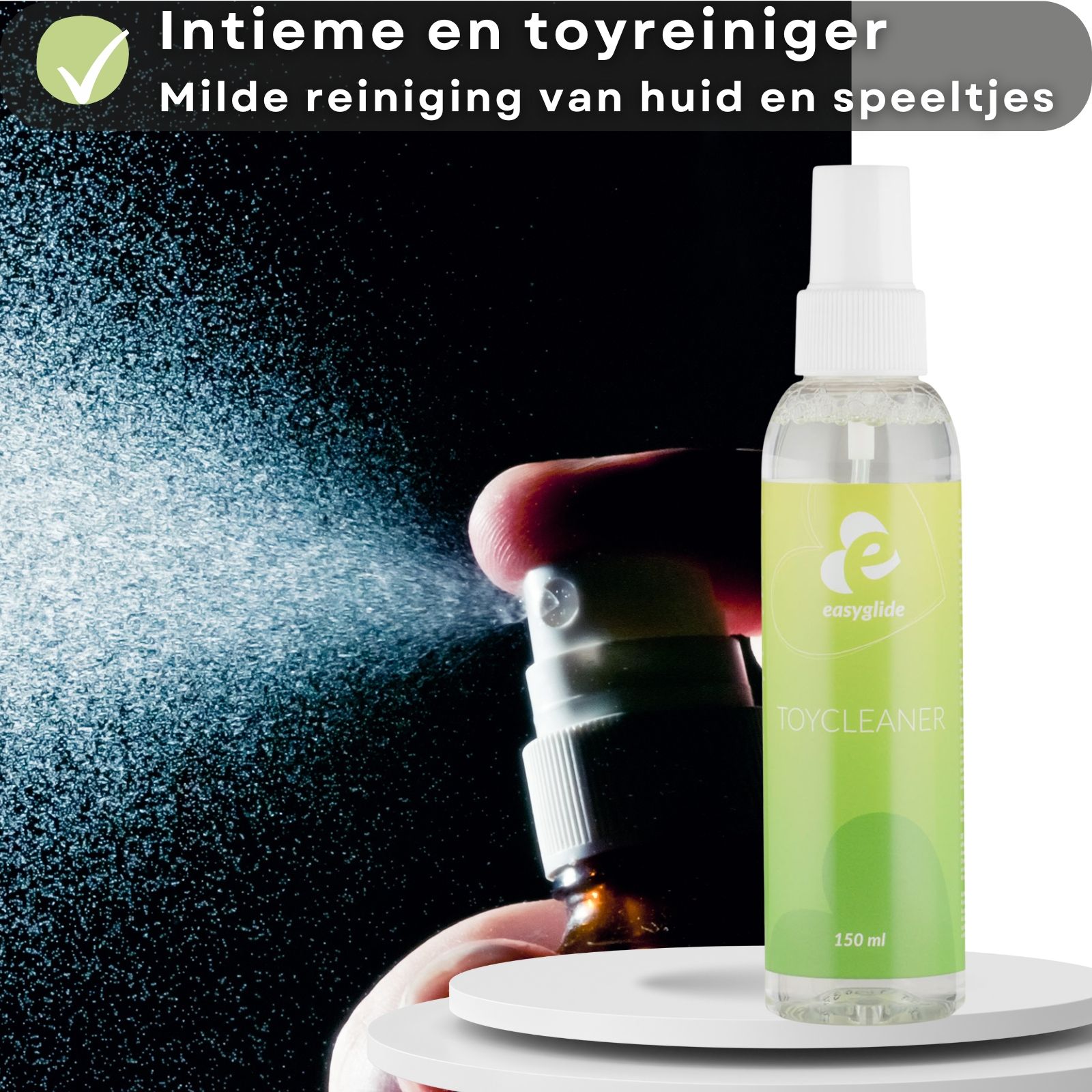 Productafbeelding met spray. Fles "easyglide TOYCLEANER". Tekst: Milde reiniging van huid en speeltjes.