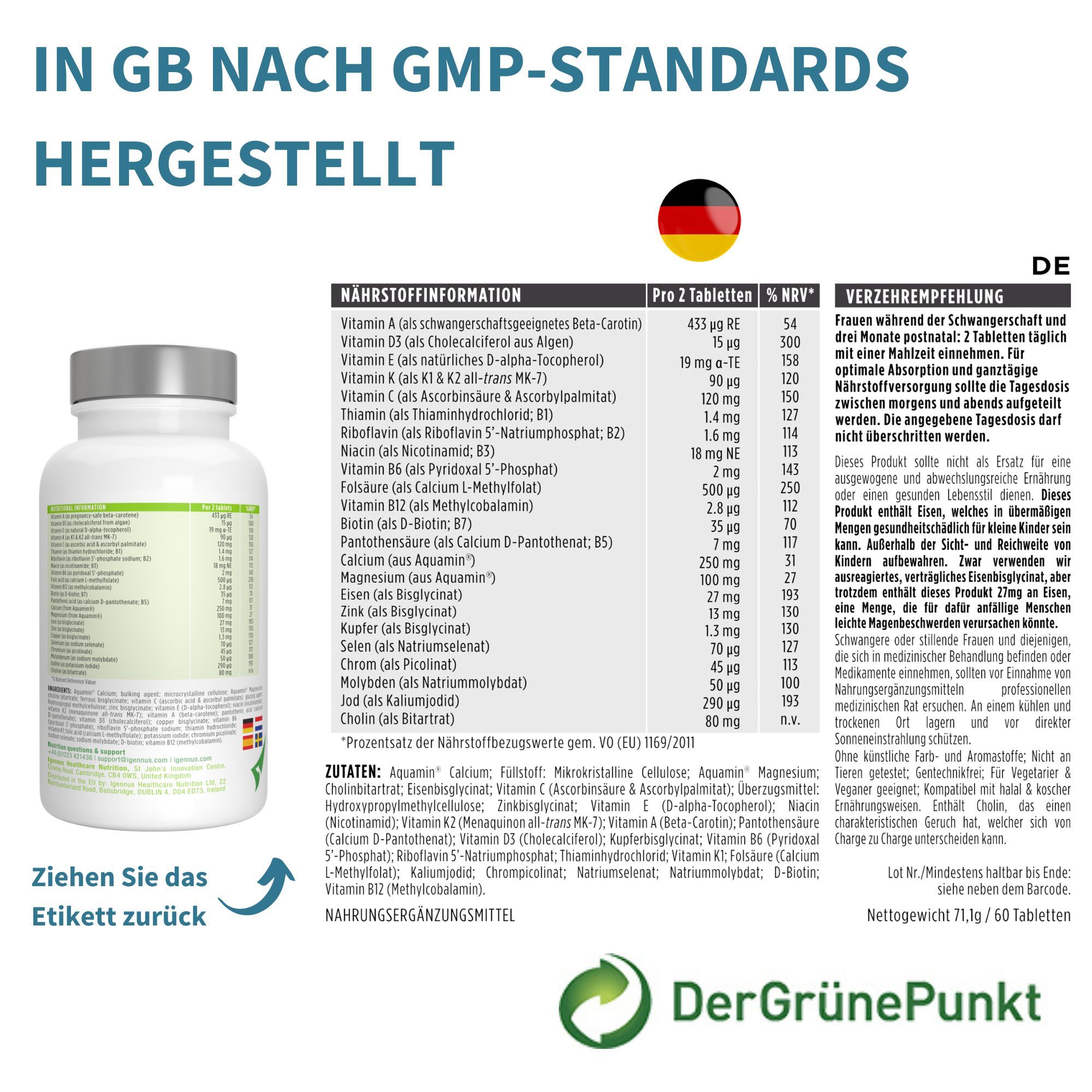 Arrière d'une bouteille de vitamines de grossesse Igennus avec informations nutritionnelles et drapeau allemand.