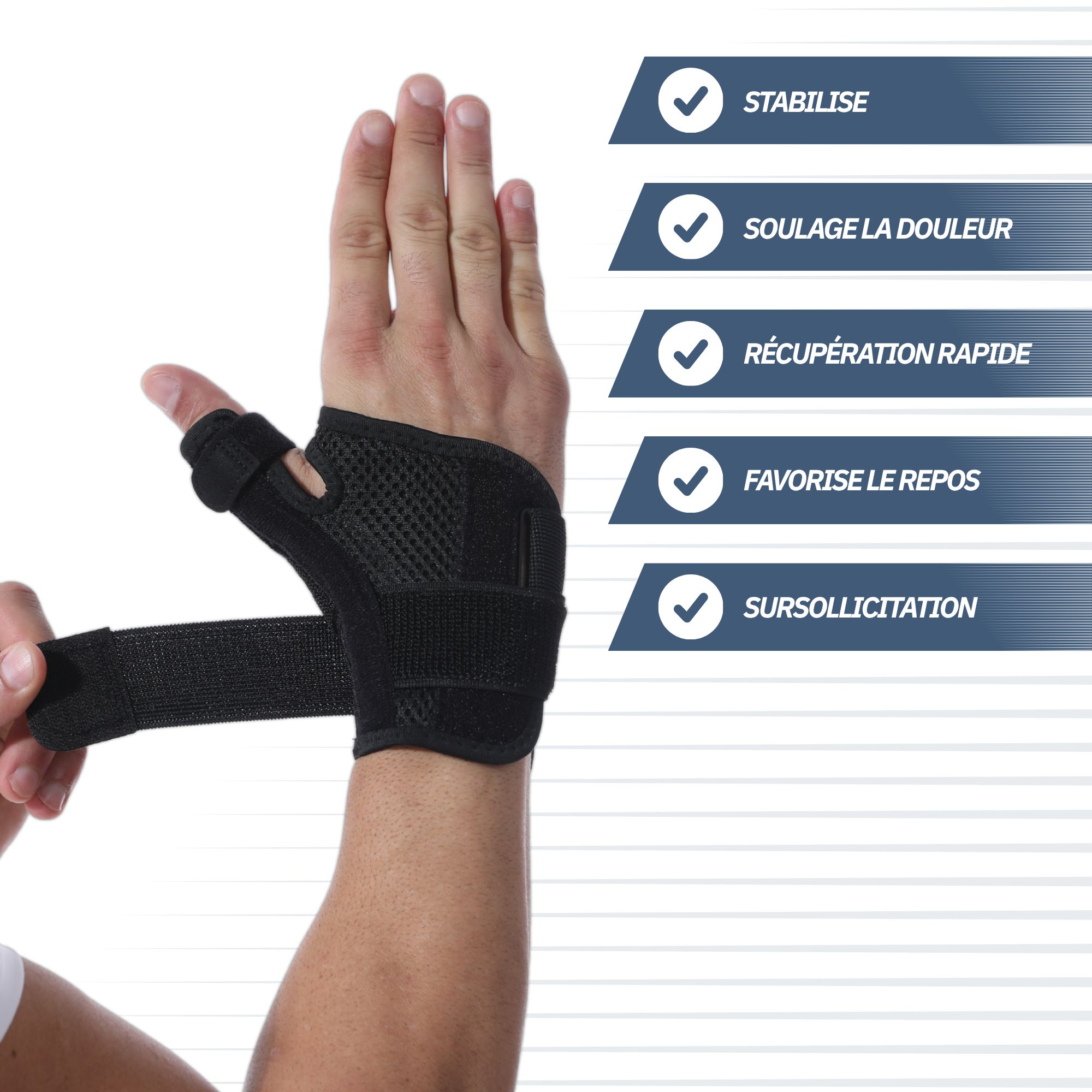 Orthèse de poignet noire avec fermeture velcro pour stabiliser le pouce et le poignet.