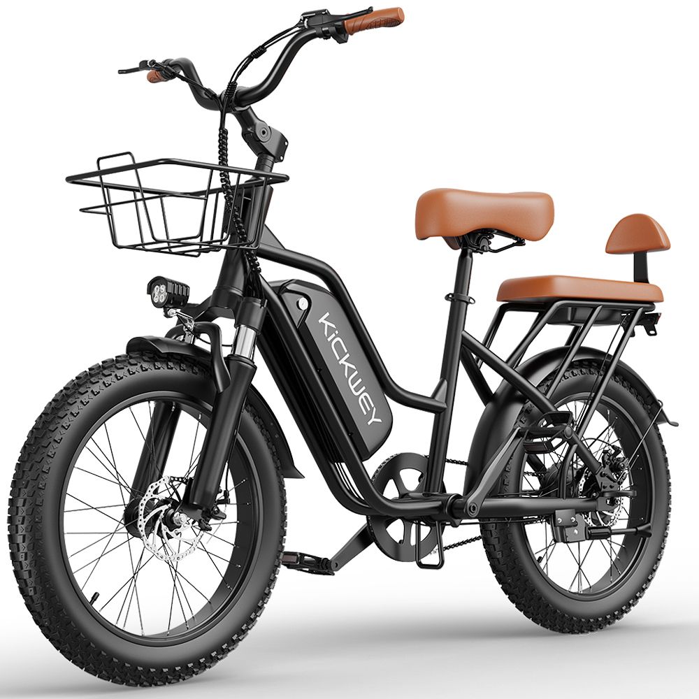Vélo électrique noir avec selle marron et panier. Batterie avec logo KICKWEY. Gros plan.