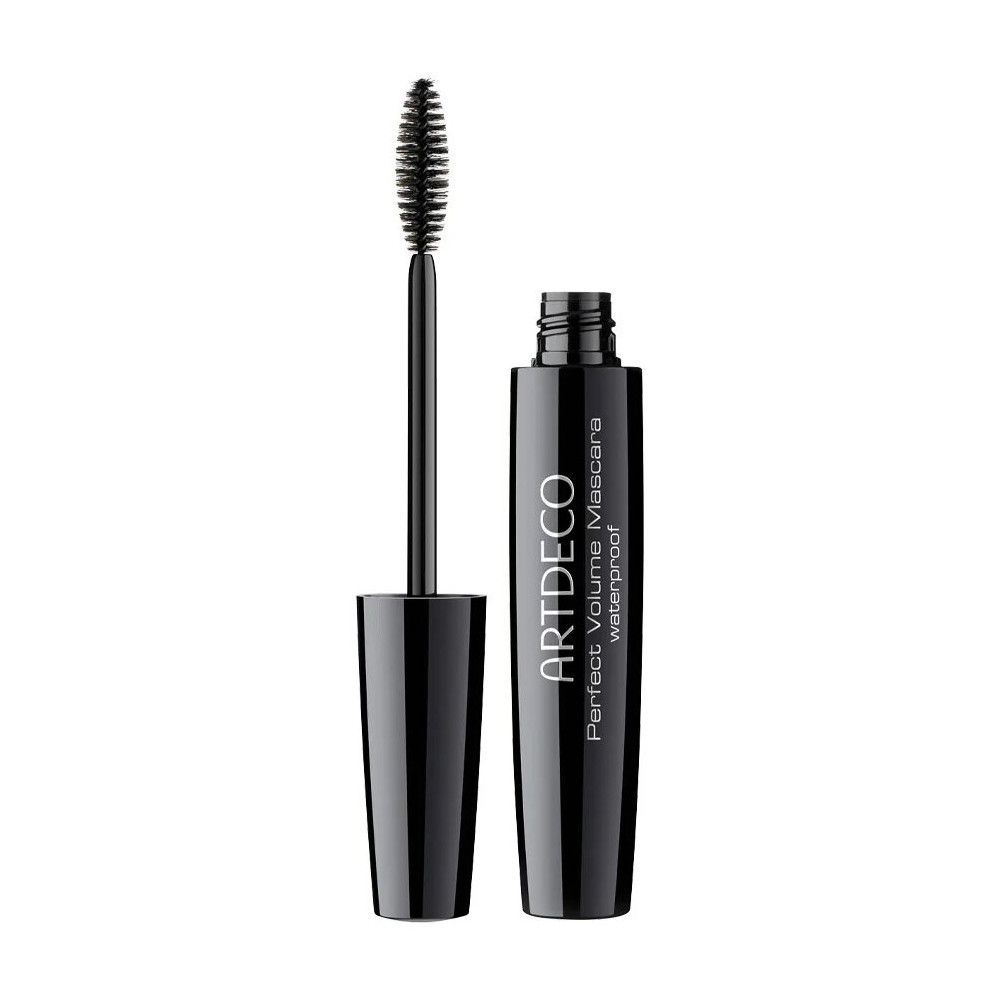 Zwarte mascara tube en borstel. Op de tube staat: ARTDECO Perfect Volume Mascara waterproof.